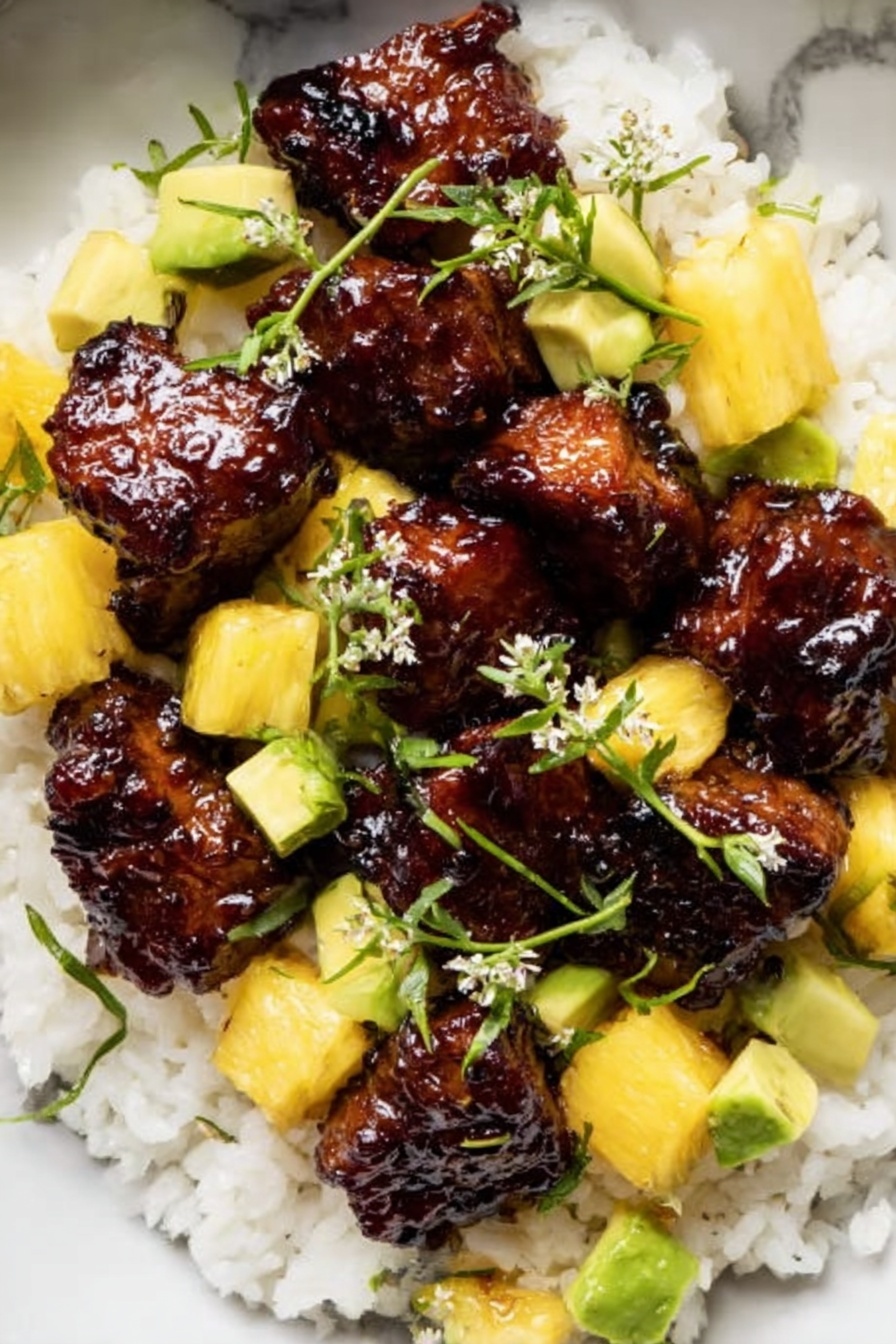 Pineapple Chicken with Coconut Rice, tropical chicken recipes, quick pineapple chicken dinner, easy coconut rice recipes, flavorful chicken and rice meal - This dish shows a white plate filled with a base layer of fluffy white rice. On top, there are several pieces of dark brown glazed grilled meat, appearing shiny and well-cooked with a slightly caramelized texture. Scattered around the meat are bright yellow chunks of pineapple and small cubes of green avocado, adding fresh color contrast. Small sprigs of green herbs with tiny white flowers sit on top, adding detail and freshness. The background is a white marbled surface. photo taken with an iphone --ar 2:3 --v 7