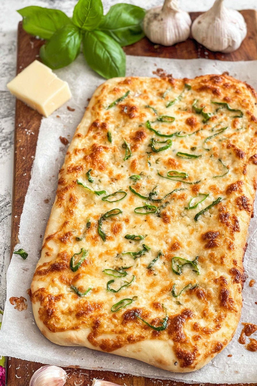 Garlic White Pizza with Parmesan, garlic white pizza, cheesy garlic pizza, homemade garlic pizza, parmesan white pizza - The image shows a rectangular flatbread pizza with a golden-brown bubbly cheese layer on top, scattered with thin green basil strips. The base dough is light tan and slightly puffy around the edges. The flatbread is placed on parchment paper over a wooden surface with two garlic bulbs and a wedge of cheese nearby, along with a small bunch of fresh basil leaves. The background is changed to a white marbled texture. Photo taken with an iphone --ar 2:3 --v 7