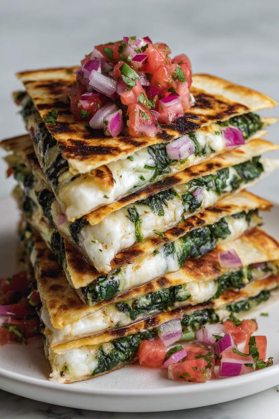 Mediterranean Spinach Feta Quesadillas, spinach and feta quesadilla recipe, quick Mediterranean dinner, easy veggie quesadillas, cheesy spinach quesadillas - The image shows a stack of three golden-brown quesadilla wedges on a wooden board. Each wedge has a crispy, slightly charred tortilla exterior with melted white cheese and green leafy spinach inside. The top quesadilla wedge is garnished with small red tomato pieces, chopped purple onion, white crumbled cheese, and fresh green herbs scattered over and around the quesadillas. The background surface is a white marbled texture with a white bowl filled with salad partially visible in the upper right corner. Photo taken with an iphone --ar 2:3 --v 7