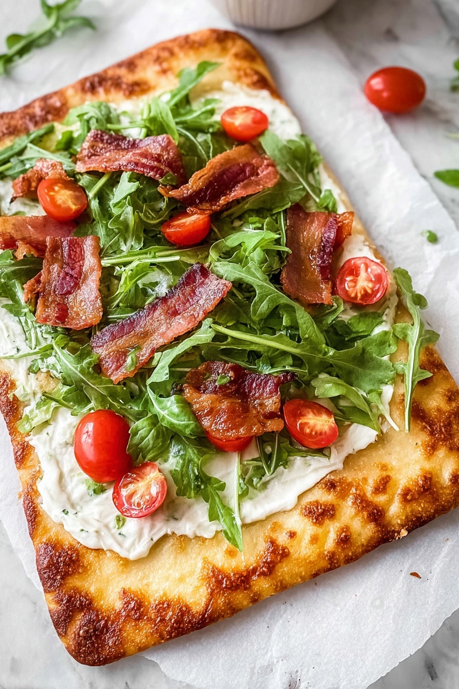 Cottage Cheese Bake Wrap, healthy low-carb wraps, protein-packed breakfast ideas, gluten-free wrap recipes, versatile healthy meals - The image shows a rectangular flatbread with a golden-brown, bubbly crust that covers the bottom half. The top half has three main layers: a creamy white spread covering the flatbread, fresh green arugula leaves on top of the spread, and several slices of cooked bacon along with halved red cherry tomatoes scattered on the greens. The dish is placed on white parchment paper over a white marbled surface. photo taken with an iphone --ar 2:3 --v 7