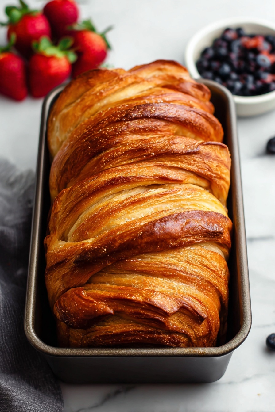 Croissant Bread, flaky bread recipe, laminated dough loaf, buttery bread, easy croissant-inspired bread - A loaf of golden brown bread with many visible layers, showing a soft and flaky texture, sits in a dark metal rectangular pan. The bread has a top that is slightly rounded with layers twisting and turning, creating stripes of light and dark brown tones. The background is a white marbled surface with fresh red strawberries and a small white bowl filled with dark blueberries near the pan, enhancing the warm and fresh feeling of the scene. photo taken with an iphone --ar 2:3 --v 7