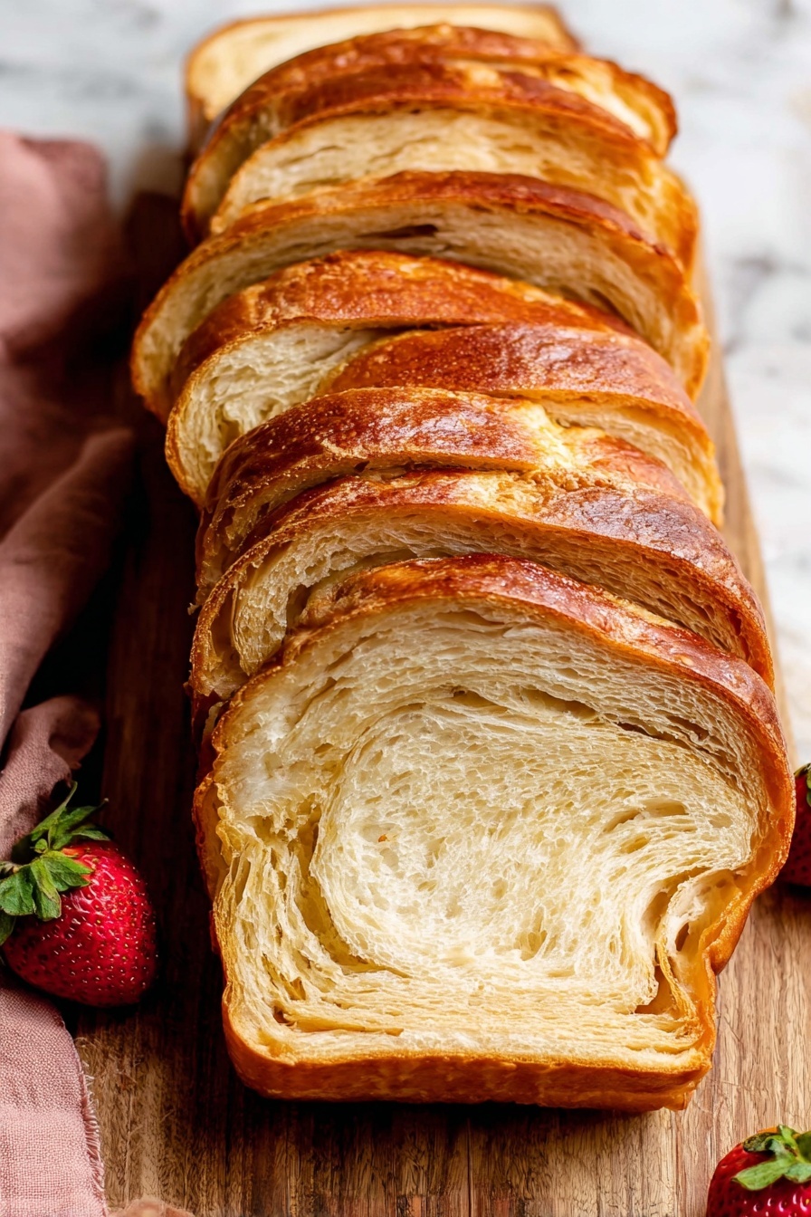 Croissant Bread, flaky bread recipe, laminated dough loaf, buttery bread, easy croissant-inspired bread - The image shows six thick slices of golden brown bread with a shiny crust, placed in a neat line on a wooden board. Each slice has a soft, fluffy inside with visible layers and light brown swirls within. The edges are slightly curled and crisp. On the left side, there are two fresh red strawberries with green leaves resting next to the bread, partially visible near a soft pink cloth. The background is a white marbled texture. photo taken with an iphone --ar 2:3 --v 7