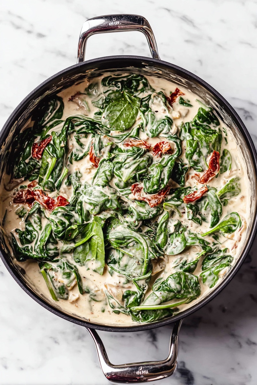 Tuscan Chicken with Spaghetti Squash, healthy chicken and spaghetti squash dish, low-carb chicken recipes, easy Italian chicken dinner, flavorful spaghetti squash meals - A round black pan with silver handles sits on a white marbled surface, filled with a creamy spinach dish. The bottom layer is fresh green spinach leaves, some whole and some slightly folded. Mixed and spread evenly is a thick, pale cream sauce with small chunks of soft red sun-dried tomatoes, adding spots of color throughout. The sauce coats every leaf, giving a smooth, rich texture with some fresh spinach veins visible under the cream. The pan handles are shiny, reflecting a bit of light. Photo taken with an iphone --ar 2:3 --v 7