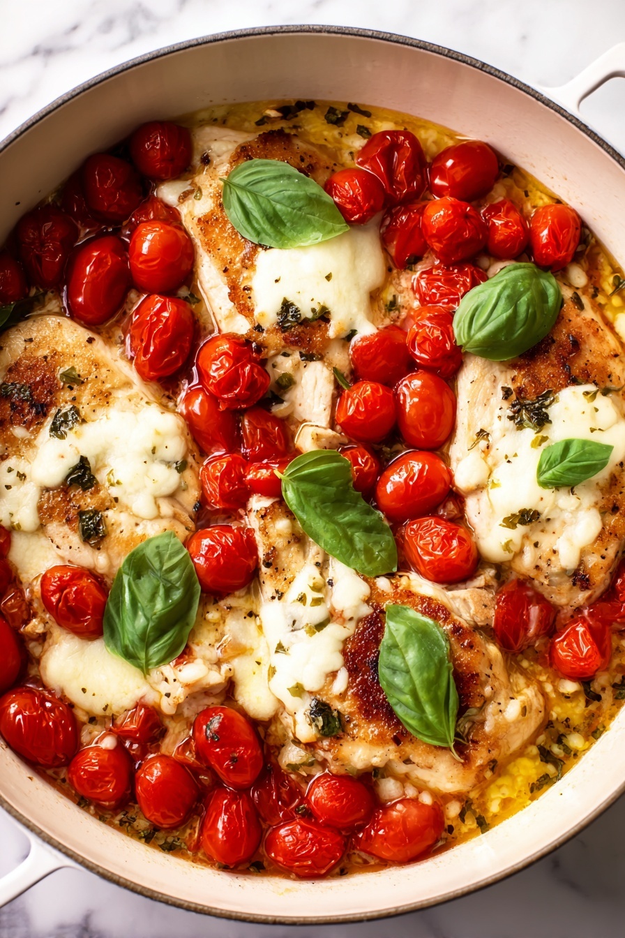 Balsamic Chicken with Tomato Mozzarella, Balsamic Chicken, Easy Chicken Dinner, One-Pan Chicken Recipes, Delicious Chicken with Mozzarella - The dish shows a white round pan filled with four layers of cooked chicken pieces topped with melted white cheese. Around and on top of the chicken, there are many red halved cherry tomatoes scattered evenly. Bright green basil leaves are placed on top, adding a fresh color contrast. The sauce in the pan is lightly golden and slightly oily, surrounding the chicken and tomatoes. The pan rests on a white marbled surface. photo taken with an iphone --ar 2:3 --v 7