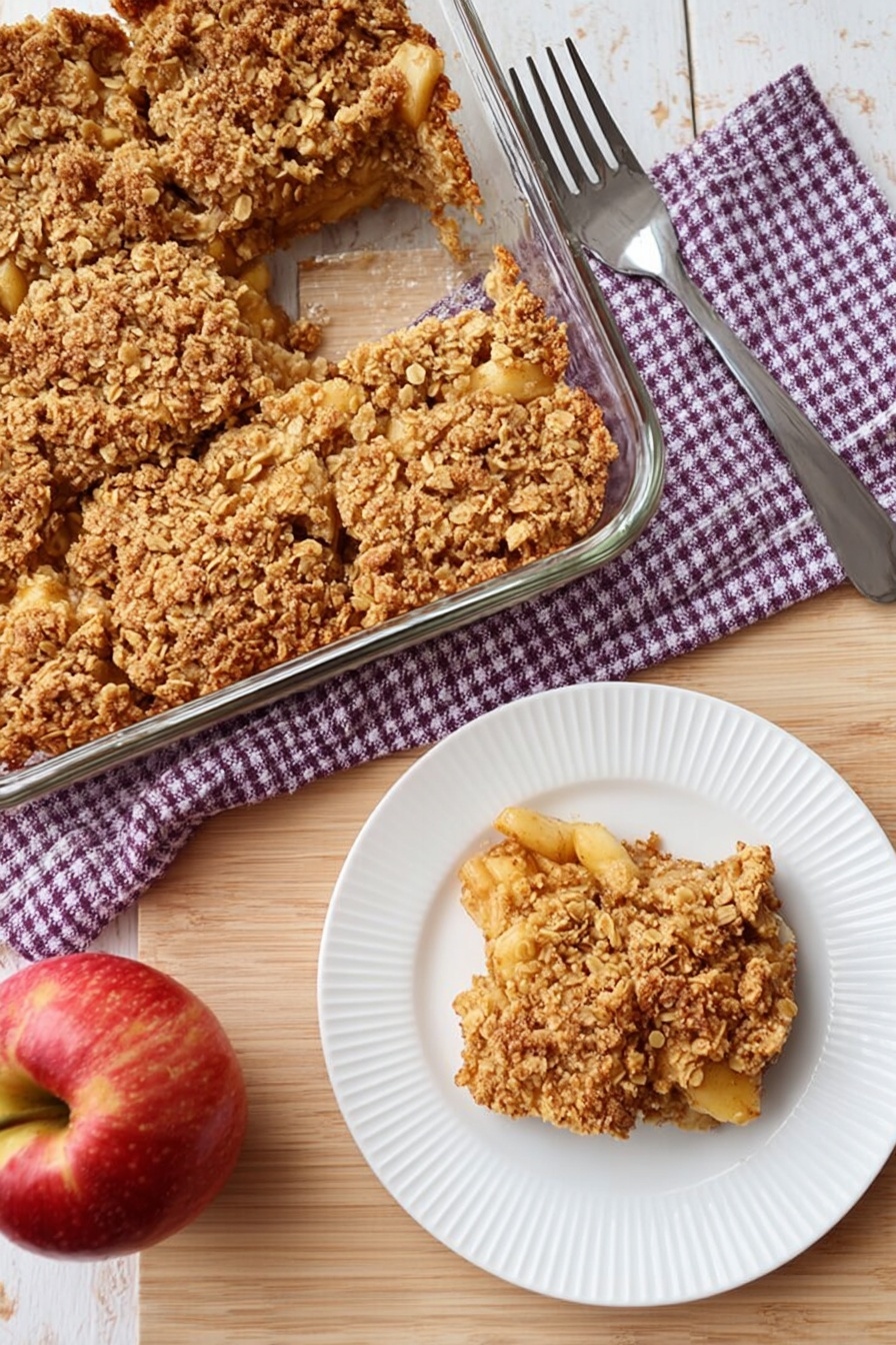 Apple Cinnamon Baked Oatmeal, healthy baked oatmeal breakfast, easy apple cinnamon brunch, cozy breakfast recipes, wholesome apple baked oats - A glass baking dish filled with a baked oat and apple square dessert, showing a textured, golden-brown crumbly oat topping with pieces of apple visible inside. One square is placed on a white plate with ridged edges to the right, showing the same oat and apple mix with a slightly rough top. A silver fork rests above the plate on a wooden table. A folded purple and white checkered cloth is placed between the plate and the glass dish. A red apple sits below the cloth near the bottom edge. The background surface is a white marbled texture. Photo taken with an iphone --ar 2:3 --v 7