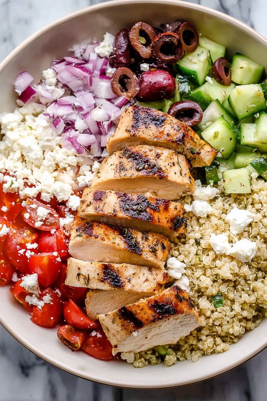 Greek Chicken Quinoa Bowl, Greek Chicken Quinoa Salad, Mediterranean Chicken Bowl, Healthy Quinoa Bowls, Easy Greek Chicken Dinner - The image shows a white bowl filled with a colorful healthy dish. At the center, there are four thick slices of grilled chicken with brown grill marks and a light golden color. Surrounding the chicken are four different sections: diced green cucumber mixed with black olives and crumbled white cheese, chopped red tomatoes mixed with small pieces of red onion and black olives, white crumbled cheese, and a base of light beige quinoa. The background is a white marbled surface. photo taken with an iphone --ar 2:3 --v 7