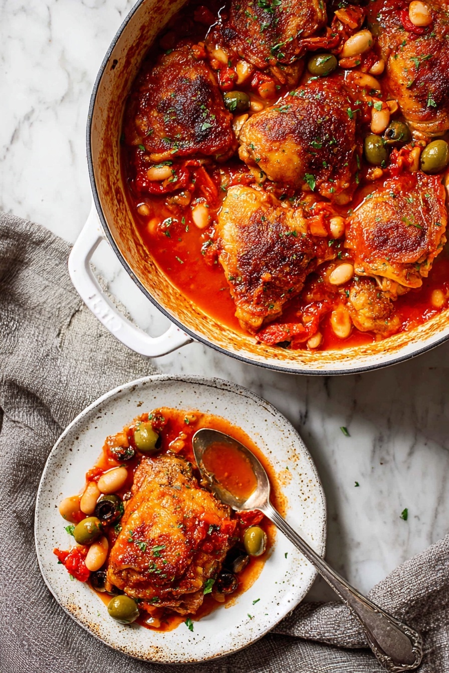Spanish Chicken in Bravas Sauce, Spanish chicken recipe, chicken in spicy tomato sauce, Mediterranean chicken dinner, easy Spanish chicken dish - A white pot filled with six pieces of browned chicken thighs in a thick red tomato sauce with white beans, green and black olives, and slices of red bell pepper scattered throughout. The chicken pieces have a crispy brown textured skin, sitting immersed in the sauce full of small herbs and vegetables. Next to the pot, on a white plate, are two chicken thighs with some sauce, beans, and olives on top, with a silver spoon resting on the plate partially covered in sauce and a green olive. The pot sits on a weathered rustic surface, with a gray cloth to the side, all placed on a white marbled texture background. Photo taken with an iphone --ar 2:3 --v 7