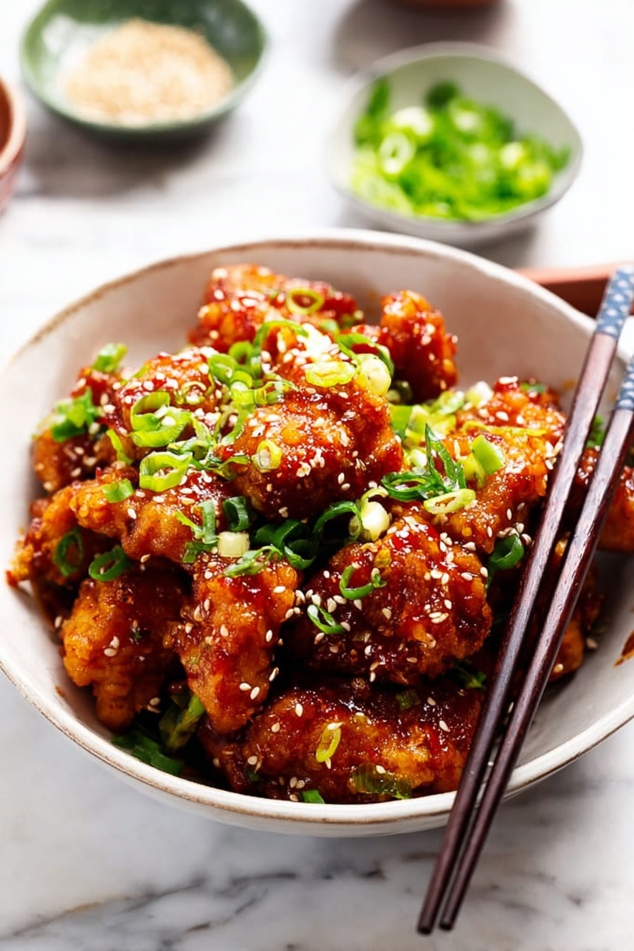 Paleo Sesame Chicken, healthy paleo chicken, gluten-free sesame chicken, clean eating sesame chicken, paleo-friendly dinner - The image shows a white bowl filled with crispy fried chicken pieces coated in a shiny reddish-brown sauce. The chicken pieces are layered closely together, with a sprinkling of white sesame seeds and chopped bright green onions scattered on top, adding vibrant color contrast. A pair of dark wooden chopsticks rests on the edge of the bowl, partially inserted into the chicken. The bowl sits on a white marbled surface with small bowls of green onion and seasoning blurred in the background. Photo taken with an iphone --ar 2:3 --v 7