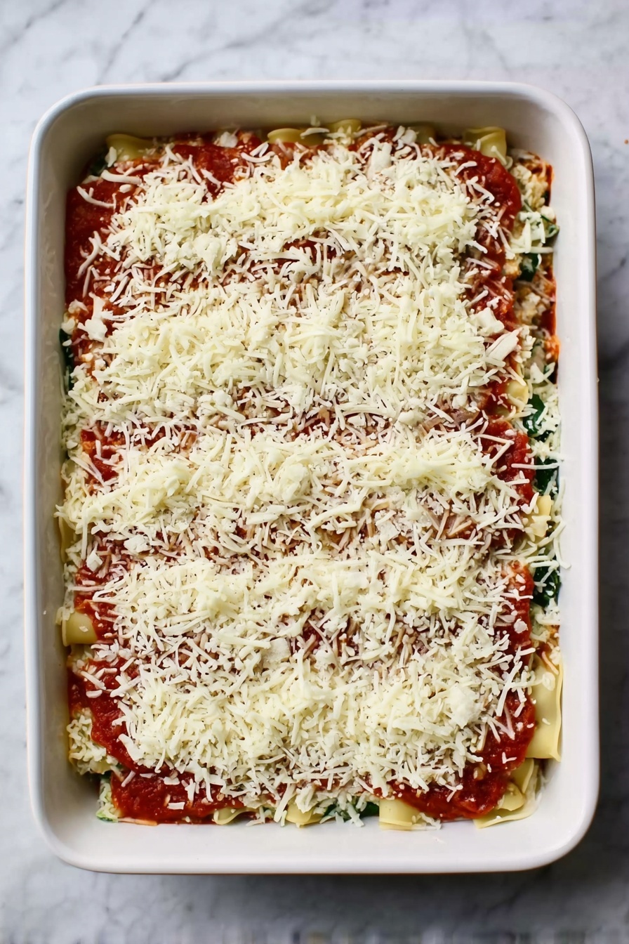 Vegetarian Mushroom Lasagna, mushroom lasagna recipe, vegetarian lasagna, cheesy mushroom lasagna, healthy mushroom lasagna - A white rectangular baking dish filled with a layered lasagna, viewed from above. The lasagna has about four layers. The bottom layer is made of green vegetables, likely spinach or zucchini, followed by a layer of pale yellow noodles. On top of the noodles is a bright red tomato sauce spread evenly. The topmost layer is covered with a thick, uneven mix of shredded white and slightly cream-colored cheese, giving the surface a textured look. The dish rests on a white marbled surface photo taken with an iphone --ar 2:3 --v 7