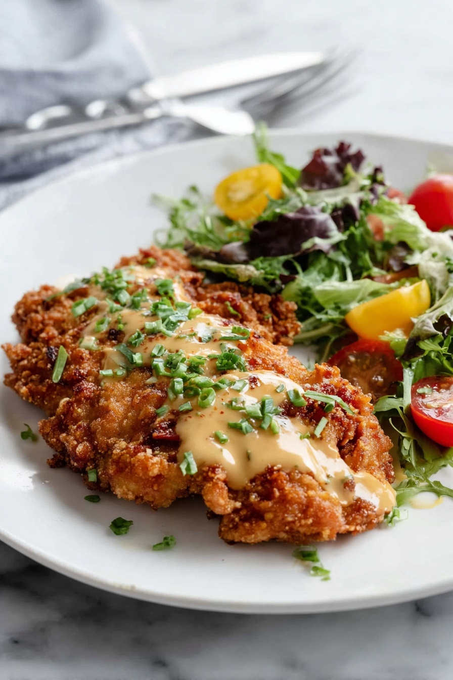 Pretzel Crusted Chicken with Cheddar Sauce, crunchy chicken with pretzel coating, cheesy chicken dinner, easy pretzel chicken recipe, flavorful chicken with cheddar sauce - The dish shows a thick, crispy golden brown fried piece of chicken with a rough textured crust, lightly drizzled with a smooth, light beige creamy sauce and sprinkled with small pieces of fresh green herbs. On the side, there is a small fresh salad made of mixed dark and light green leafy lettuce, and halved cherry tomatoes in bright red and yellow colors. All the food is placed on a clean white plate, resting on a white marbled surface, with a silver fork visible in the background. Photo taken with an iphone --ar 2:3 --v 7