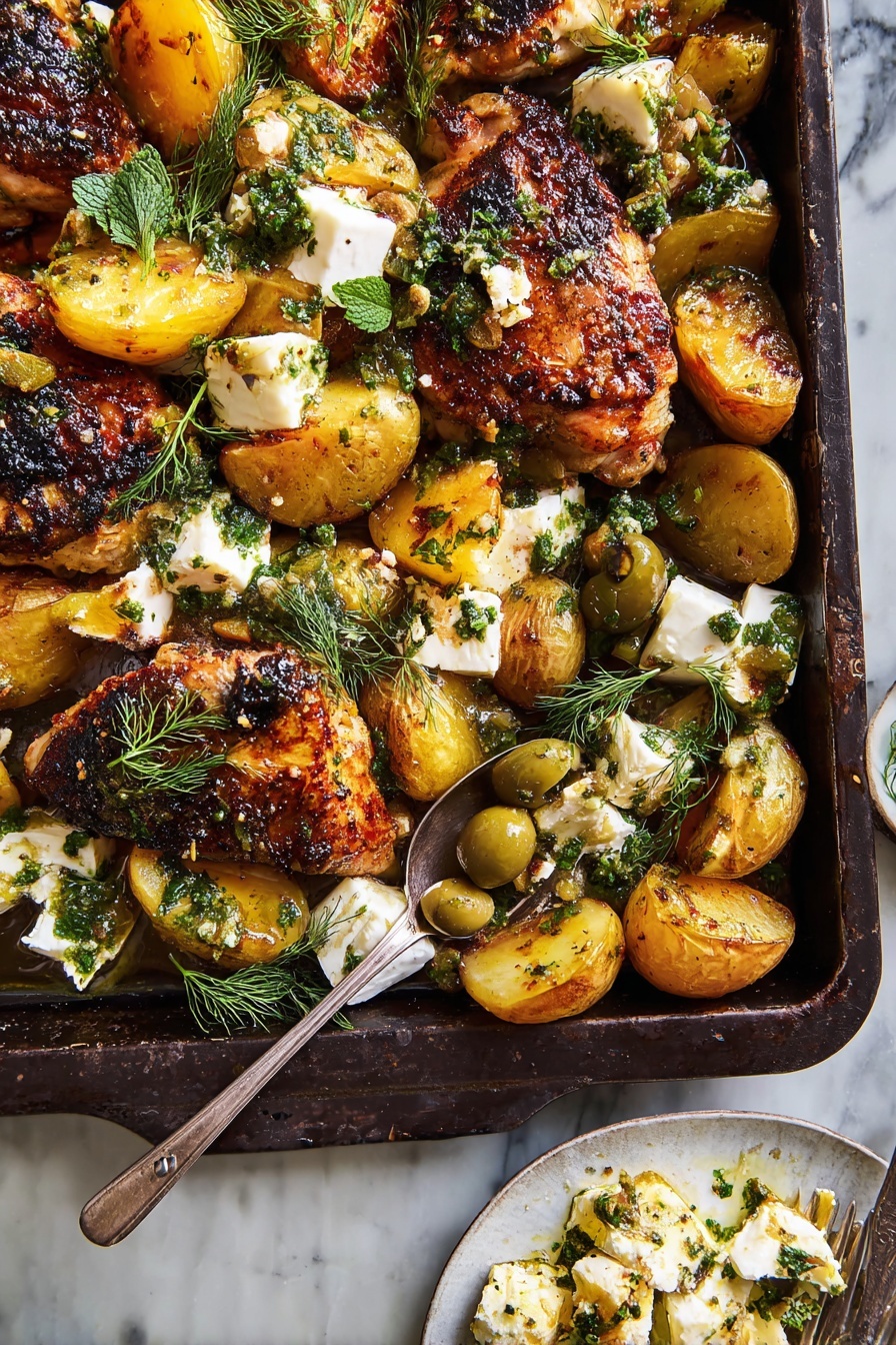 Greek Garlic Butter Chicken and Potatoes, Greek chicken sheet pan meal, garlic butter chicken and potatoes, easy Greek chicken dinner, Mediterranean roasted chicken - The dish is shown on a dark baking tray filled with three cooked chicken pieces with a brown, charred texture on top. Around the chicken are golden roasted potato halves with a soft and slightly crisp look. Scattered among them are white chunks of soft cheese and green olives, all topped with small pieces of chopped green herbs and garlic. Bright green sprigs of dill add a fresh touch across the dish. A silver spoon rests inside the tray, holding some of the olives and herbs. Underneath, a small white plate has some cheese and olive mixture on it, all set against a white marbled background. photo taken with an iphone --ar 2:3 --v 7