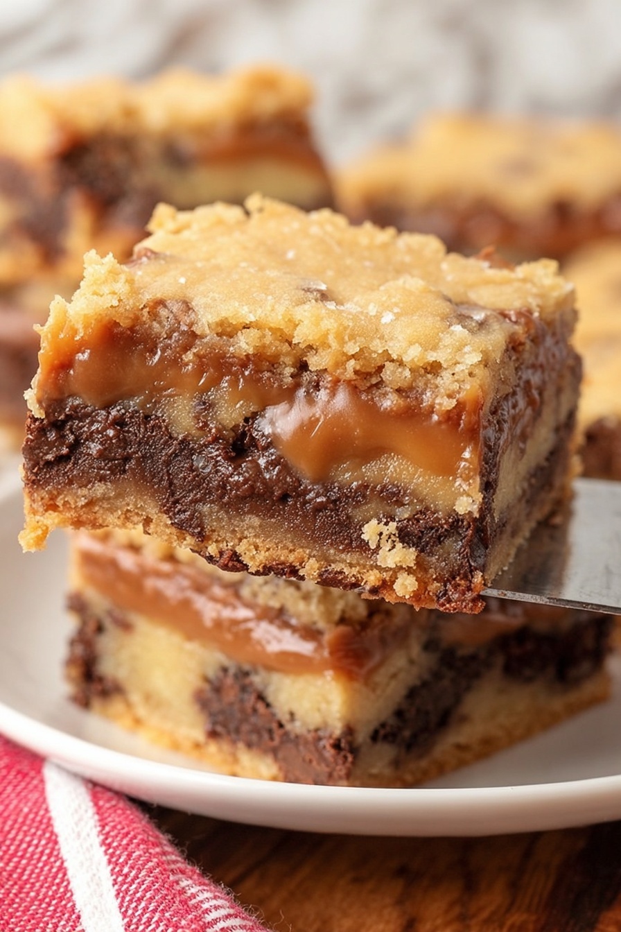 Caramel Chocolate Chip Bars, caramel chocolate chip bars, chocolate caramel bars, easy caramel dessert, chewy chocolate bars - The image shows a close-up of a square dessert bar with three visible layers. The top layer is a light golden, slightly crumbly cookie dough texture. The middle layer is thick, creamy, and caramel-colored, with a smooth texture that looks slightly melted. The bottom layer is a dense, rich chocolate base with a mix of lighter and darker brown shades, showing a fudgy consistency. The bar is being lifted on a metal spatula above a white plate on a wooden surface with a red and white striped cloth partially visible. The background is a white marbled texture. photo taken with an iphone --ar 2:3 --v 7