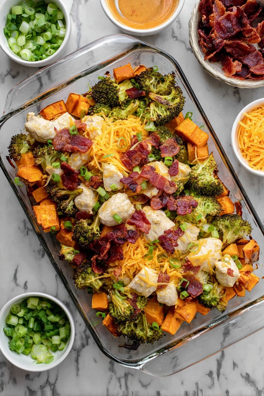 Buffalo Chicken Sweet Potato Casserole, spicy sweet potato casserole, baked buffalo chicken dish, healthy buffalo casserole, easy dinner ideas - This image shows a glass baking dish filled with a layered casserole. The bottom layer is a mix of roasted broccoli and sweet potato chunks with a slightly crisp texture and green and orange colors. On top of this, there are slices of cooked chicken pieces with a light brown color, scattered with reddish-brown bacon pieces. Melted cheddar cheese sheets with a rich orange color cover the chicken and vegetables, adding a smooth texture. There are dollops of white sauce spread over the dish, with small bits of crumbly white cheese and sliced green onions sprinkled on top, adding contrast and freshness. The dish is placed on a white marbled surface with a silver spatula partially inside the baking dish. Photo taken with an iphone --ar 2:3 --v 7