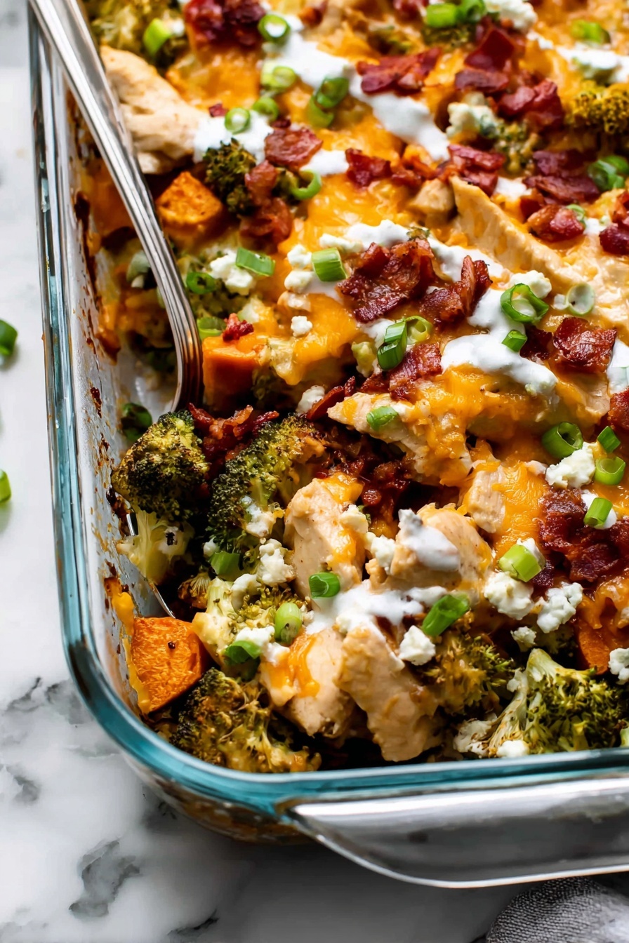 Buffalo Chicken Sweet Potato Casserole, spicy sweet potato casserole, baked buffalo chicken dish, healthy buffalo casserole, easy dinner ideas - A clear glass baking dish filled with a colorful mix of food layers on a white marbled surface. The bottom layer is made of orange roasted cubes, likely sweet potatoes, topped with bright green roasted broccoli pieces. Large chunks of cooked white chicken pieces are scattered evenly on top of the vegetables. On the top layer, there are dark red crispy bacon strips breaking up the texture and sprinkled yellow shredded cheddar cheese adds a soft texture and color contrast. Around the dish, there are small white bowls filled with chopped green onions, more bacon strips, and an orange sauce. The overall look is warm and inviting with a mix of soft and crispy textures, set against the white marbled background. Photo taken with an iphone --ar 2:3 --v 7