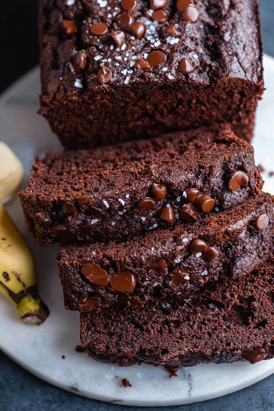 Chocolate Espresso Banana Bread, banana bread with espresso and chocolate, easy chocolate banana bread, moist banana bread with coffee, homemade chocolate banana loaf - A dark brown chocolate banana bread loaf sits on a white plate, with three thick slices cut and laid out below the loaf. The bread has a rough top with melted chocolate chips and some coarse sea salt scattered over it. The inside of the slices looks moist and speckled with chocolate bits. The white plate with the bread rests on a white marbled surface, with a few ripe spotted bananas placed at the bottom edge. Photo taken with an iphone --ar 2:3 --v 7