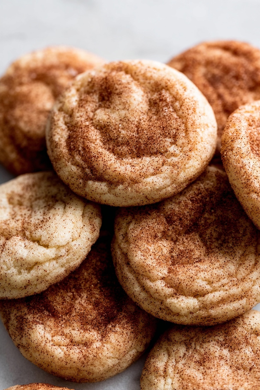 Brown Butter Snickerdoodle Cookies, gluten-free snickerdoodles, soft chewy cookie recipes, easy cookie recipes with browned butter, classic cinnamon sugar cookies - A close-up view of a pile of soft, round cookies stacked unevenly on a white marbled surface. Each cookie has a light golden base with a sprinkled coating of cinnamon sugar, giving them a warm brown speckled texture. The cookies show gentle cracks and slight indentations on the surface, highlighting their soft and chewy texture. The focus is tight, capturing the detailed cinnamon dusting and the uneven round shapes of the cookies. photo taken with an iphone --ar 2:3 --v 7