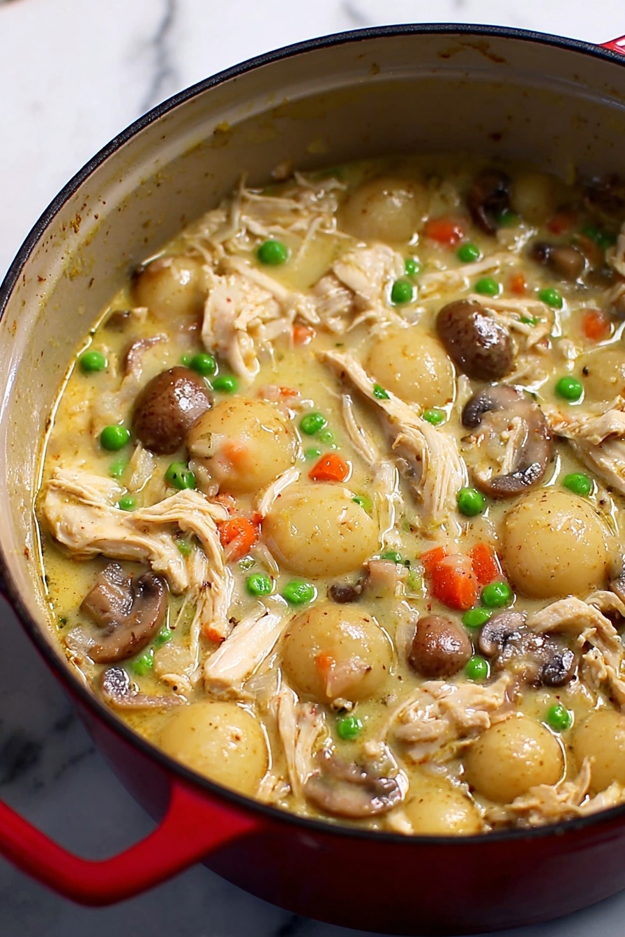 One Pot Gnocchi Chicken Pot Pie, one pot chicken pot pie, easy gnocchi chicken dinner, creamy chicken and gnocchi recipe, comforting one pot meal - The image shows a close-up of a red pot filled with thick chicken stew. The stew has multiple layers including shredded white chicken pieces, small round light yellow potatoes, sliced brown mushrooms, tiny orange carrot bits, and bright green peas. The stew sauce is creamy and light yellow, surrounding all the ingredients. The pot sits on a white marbled surface, and the stew looks rich and hearty. Photo taken with an iphone --ar 2:3 --v 7