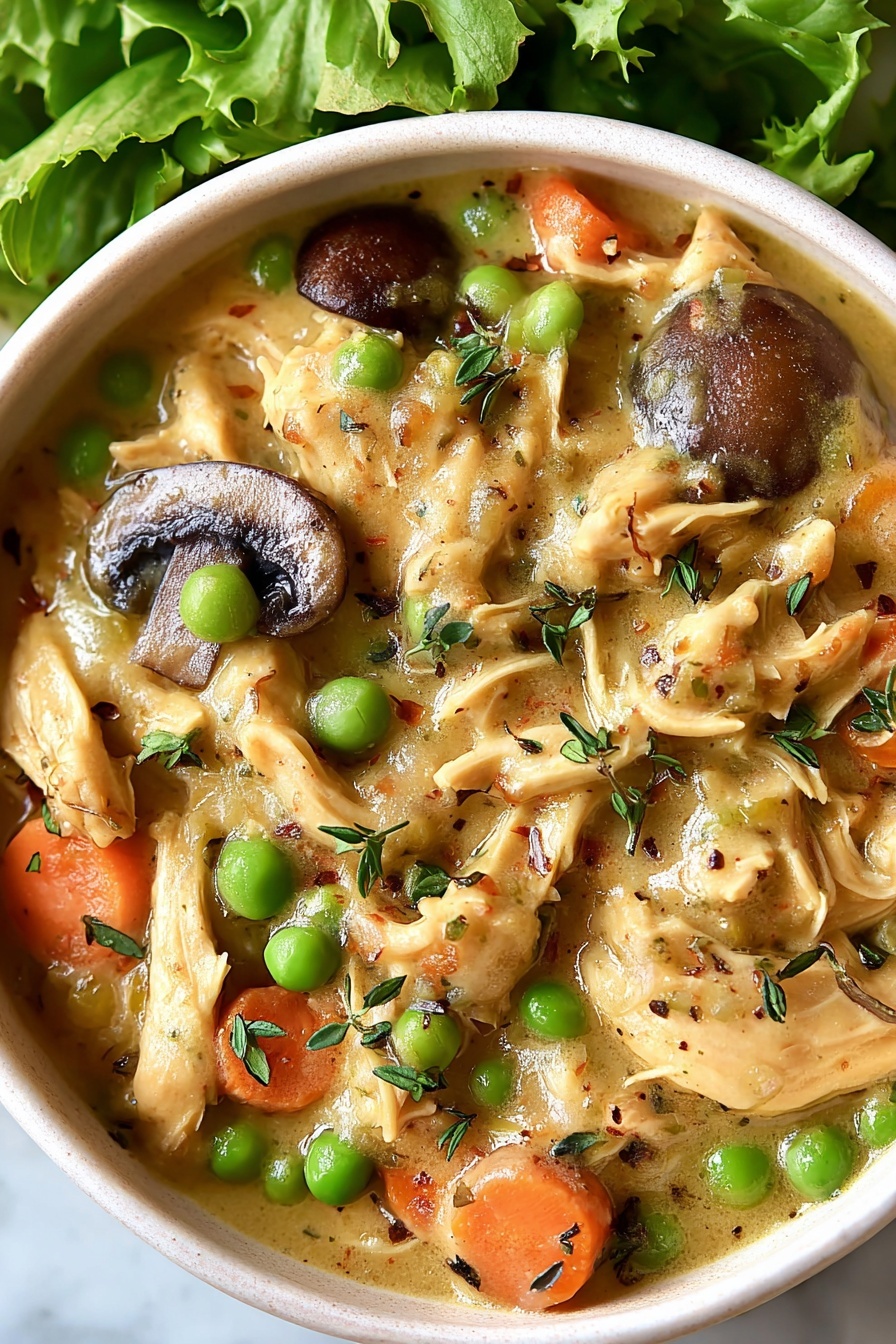 One Pot Gnocchi Chicken Pot Pie, one pot chicken pot pie, easy gnocchi chicken dinner, creamy chicken and gnocchi recipe, comforting one pot meal - A white bowl filled with creamy stew showing layers of shredded light brown chicken, slices of dark brown mushrooms, whole bright green peas, and small round orange carrots mixed with thick pale yellow sauce. Fresh green leaves of salad sit behind the bowl on a white marbled surface. The stew looks warm and slightly shiny with small green herb leaves scattered on top. photo taken with an iphone --ar 2:3 --v 7