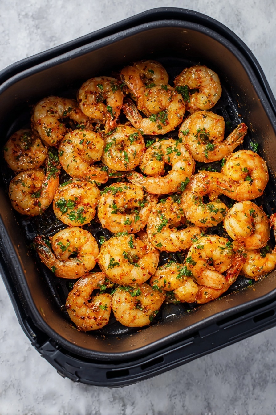 Air Fryer Old Bay Shrimp, crispy seasoned shrimp, quick seafood recipes, easy seafood dinner, healthy shrimp dishes - A square black air fryer basket filled with roughly 30 cooked shrimp, arranged in an even layer with some overlapping. The shrimp are orange with light browning and sprinkled with small green parsley bits, giving a fresh contrast. The shrimp have a textured, slightly shiny surface from cooking oil and spices, with visible grill marks on a few pieces. The background is a white marbled surface. Photo taken with an iphone --ar 2:3 --v 7
