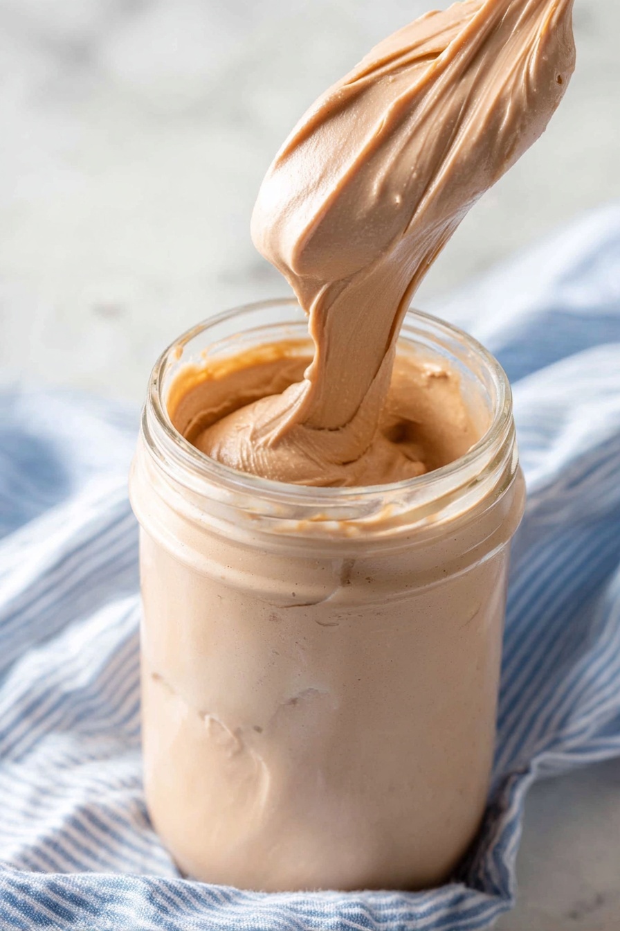 Whipped Hot Chocolate, hot chocolate with whipped cream, cozy winter drinks, indulgent hot chocolate, easy hot chocolate recipe - A clear glass jar filled with thick, smooth light brown cream. A large dollop of the cream is being stretched upward, showing its soft, fluffy texture with visible folds and slight air bubbles. The jar sits on a white marbled surface with a cloth featuring blue stripes blurred in the background. The lighting is bright and soft, highlighting the creamy texture. photo taken with an iphone --ar 2:3 --v 7