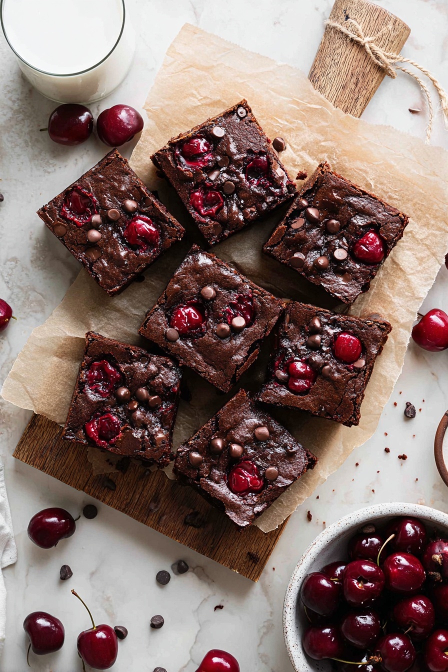 Chocolate Cherry Brownies, cherry brownies with chocolate, fudgy cherry chocolate dessert, homemade chocolate cherry brownies, easy cherry brownie recipe - Nine square pieces of dark brown chocolate brownies are placed on light brown parchment paper over a wooden board on a white marbled surface. The brownies have a chewy texture with visible shiny red cherries and scattered small chocolate chips on top. Around the board, dark red cherries with stems are scattered, and a white bowl filled with cherries is visible in the lower right corner. A small glass of milk is in the upper left corner. The overall look is rich and inviting with deep red and brown tones standing out against the light background. photo taken with an iphone --ar 2:3 --v 7