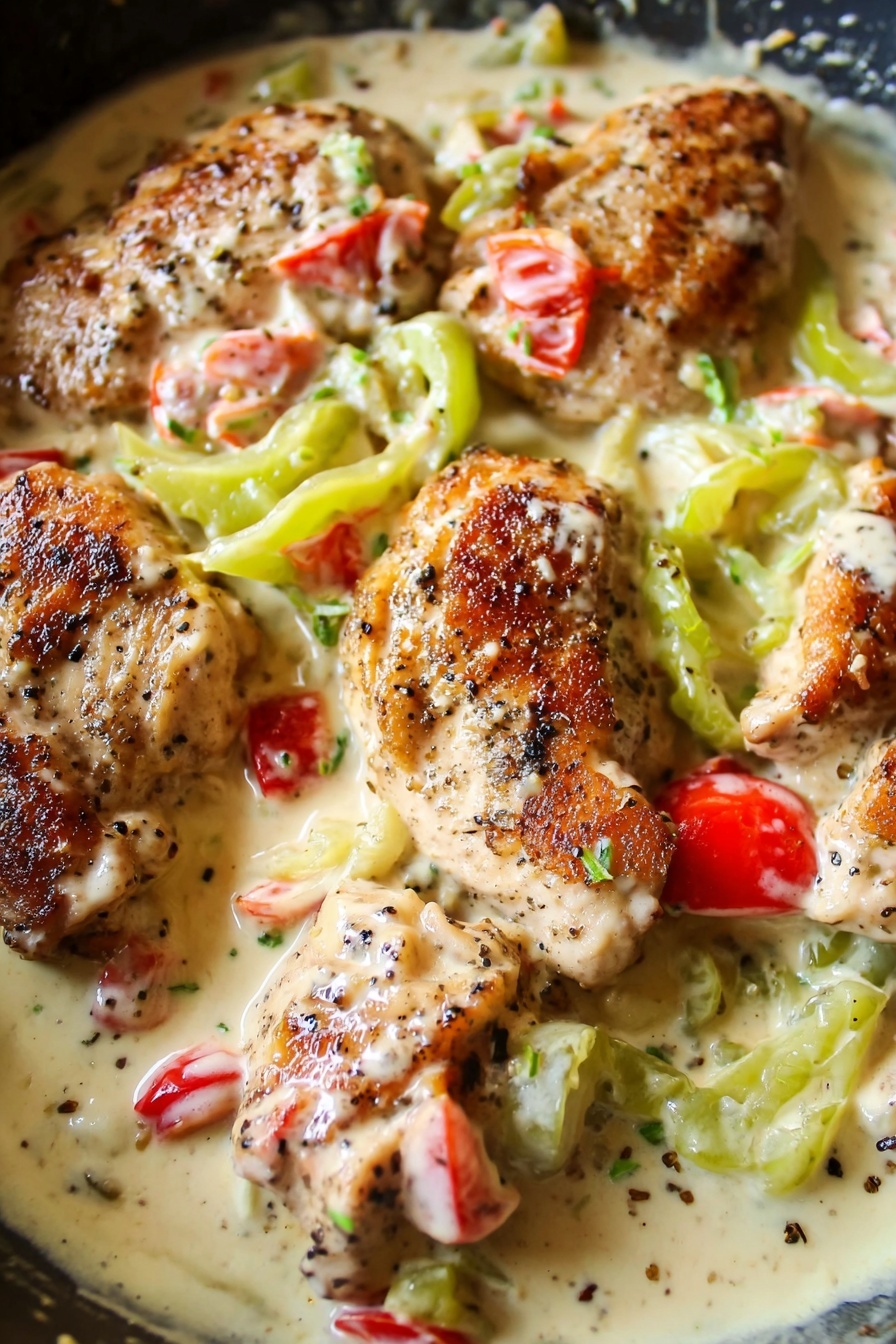 Creamy Pepperoncini Chicken Skillet, pepperoncini chicken, easy weeknight chicken recipe, one-pan chicken dinner, flavorful chicken skillet - The image shows several pieces of browned chicken in a creamy white sauce, layered with slices of pale green peppers and small bright red tomato pieces. The chicken appears seasoned with black pepper, and the sauce is thick, coating the chicken and vegetables. The dish is presented close-up in a pan with a dark surface, and the sauce creates a smooth texture around the ingredients. The pieces of chicken are spread across the pan with the peppers and tomatoes scattered on and around them, adding color contrast. photo taken with an iphone --ar 2:3 --v 7