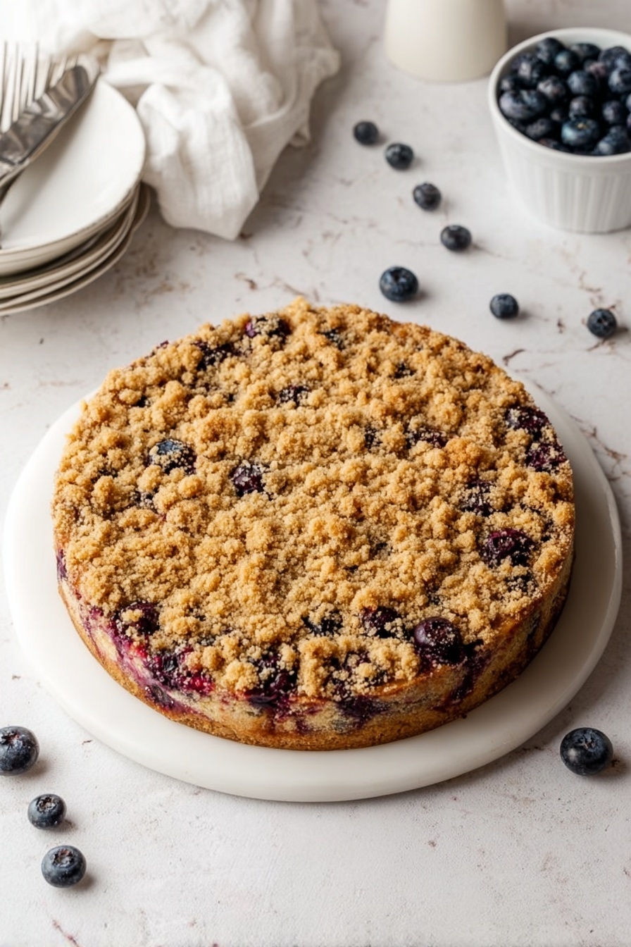 Blueberry Cheesecake with Crumble Topping, blueberry cheesecake, easy cheesecake recipe, fruit dessert, decadent blueberry dessert - A round cake with a thick crumbly topping that looks golden brown and textured, dotted with dark purple and red spots of berries visible beneath the topping. The cake is placed on a white plate resting on a white marbled surface. Around the cake are scattered fresh blueberries, a white cloth, and a small stack of white plates with two forks on top, adding to the cozy setting. photo taken with an iphone --ar 2:3 --v 7