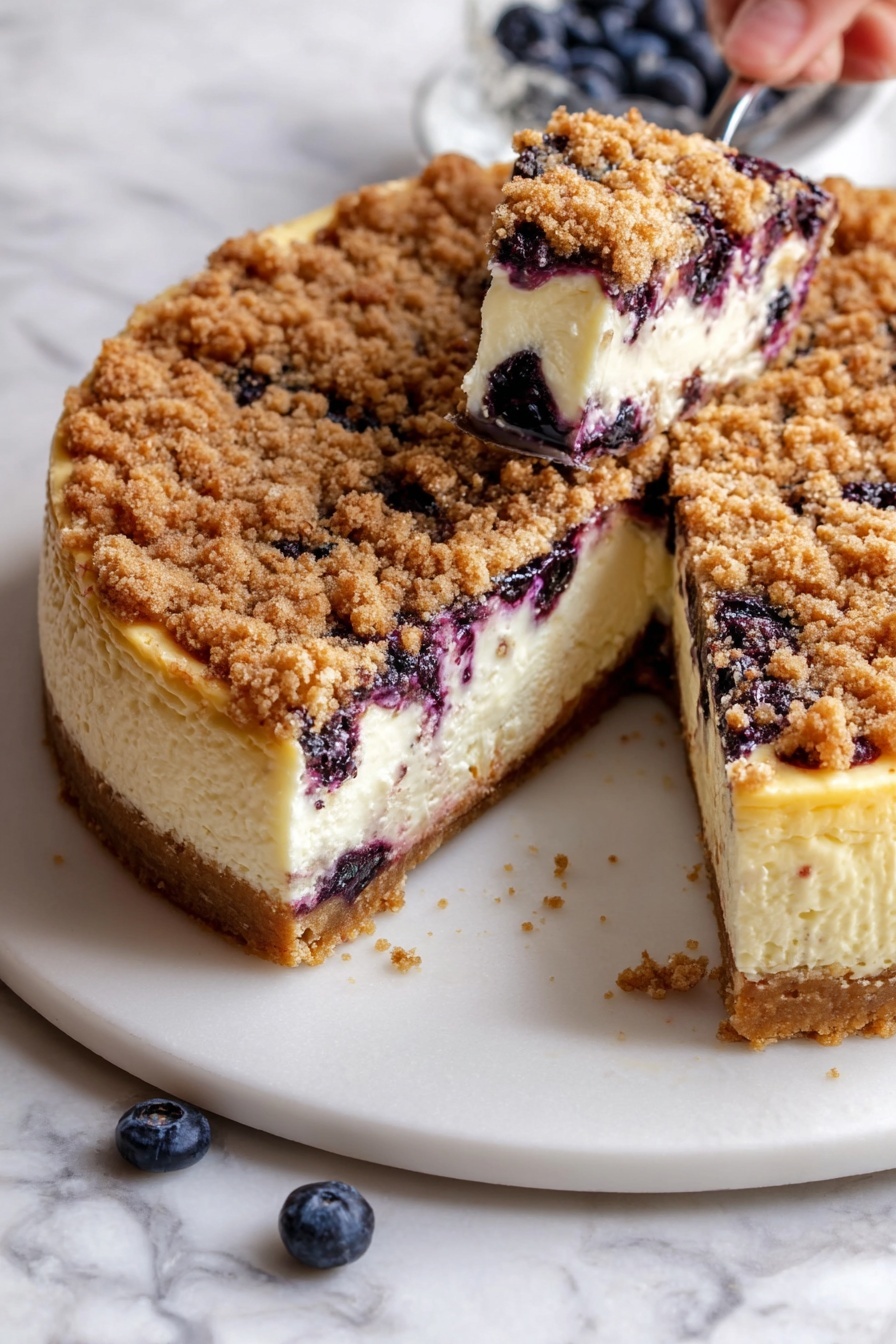 Blueberry Cheesecake with Crumble Topping, blueberry cheesecake, easy cheesecake recipe, fruit dessert, decadent blueberry dessert - A round cheesecake with three visible layers: the bottom layer is a thick, light brown crust, the middle layer is thick and creamy white cheesecake, and the top layer is a crumbly golden brown streusel with dark purple berries mixed throughout. One slice has been removed, showing the smooth texture of the cheesecake and the scattered blueberries just under the streusel top. The cake is placed on a white plate on a white marble surface, with a few blueberries around and a woman's hand holding a piece in the background. Photo taken with an iphone --ar 2:3 --v 7