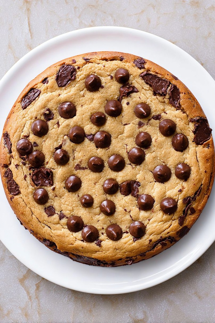 Chocolate Chip Bean Cookie Pie, healthy cookie pie with beans, bean-based dessert recipe, chewy chocolate chip pie, nutritious sweet treat - A round cookie cake sits on a white plate placed on a white marbled surface. The cookie cake has one layer with a golden-brown surface, slightly cracked around the edges. Scattered evenly across the cookie are melted dark brown chocolate chips that add a shiny texture. The outer edge of the cookie is darker, showing a crispier, baked texture, contrasting with the softer, lighter middle area. Photo taken with an iphone --ar 2:3 --v 7