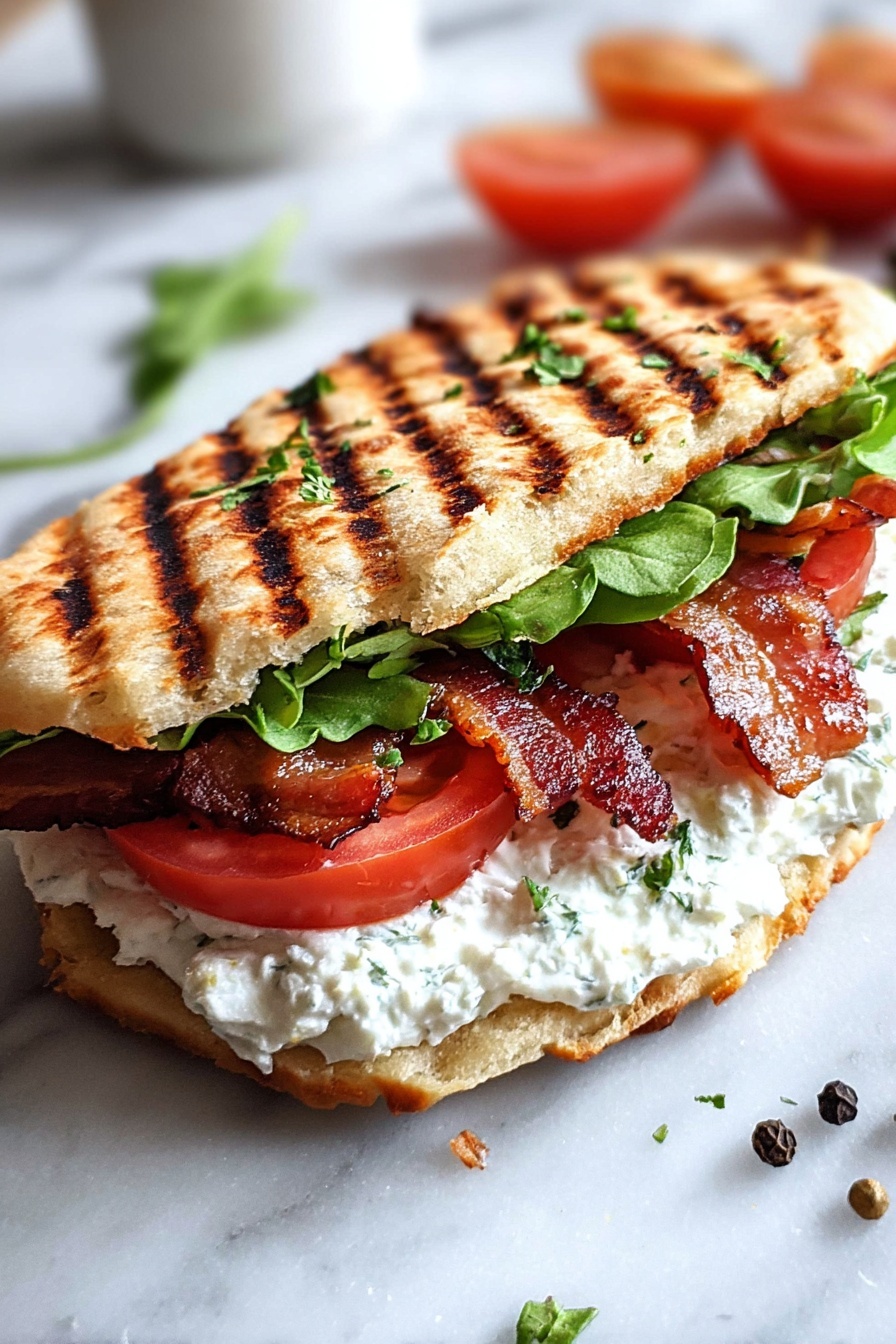 Cottage Cheese Bake Wrap, healthy low-carb wraps, protein-packed breakfast ideas, gluten-free wrap recipes, versatile healthy meals - A sandwich made with two grilled flatbread slices showing dark grill marks. The bottom flatbread is spread with white cottage cheese mixed with green herbs. On top, there are fresh green lettuce leaves, bright red tomato slices, and crispy reddish-brown bacon strips. Another layer of white cottage cheese with green herbs and more bright red tomato slices is under the top flatbread. The sandwich rests on a white marbled surface with some green herb leaves and black peppercorns scattered nearby. Photo taken with an iphone --ar 2:3 --v 7