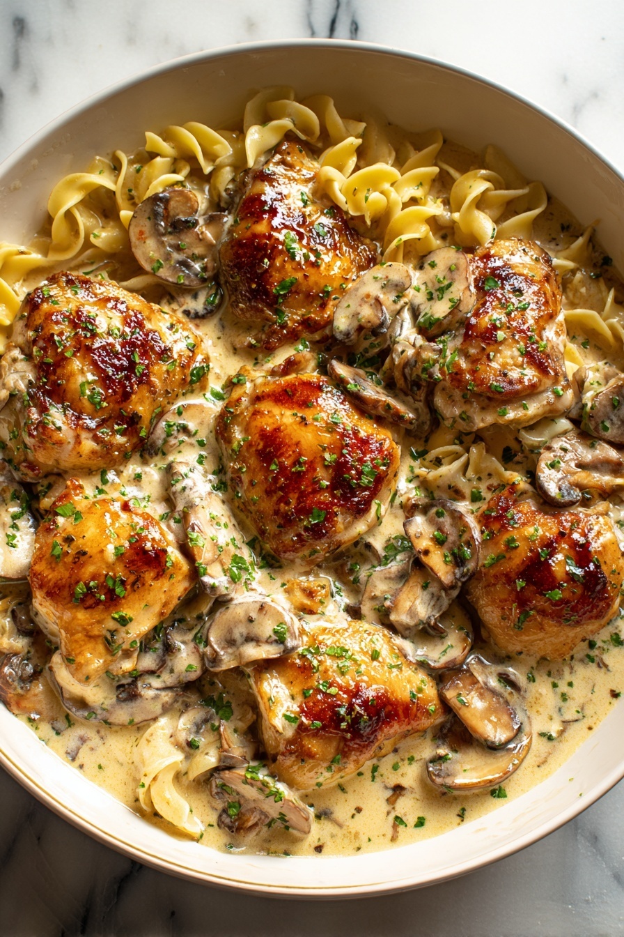 Creamy Chicken Mushroom Stroganoff, Chicken Mushroom Stroganoff, Easy Chicken Stroganoff, Comforting Mushroom Pasta, Homemade Stroganoff Dinner - A close-up view of a creamy dish with three layers: at the bottom, small pieces of light golden chicken, above them, thick slices of brown mushrooms, and the top layer is a rich, smooth white cream sauce that covers the chicken and mushrooms, sprinkled with finely chopped green herbs. The dish is served in a white bowl set on a white marbled surface. photo taken with an iphone --ar 2:3 --v 7