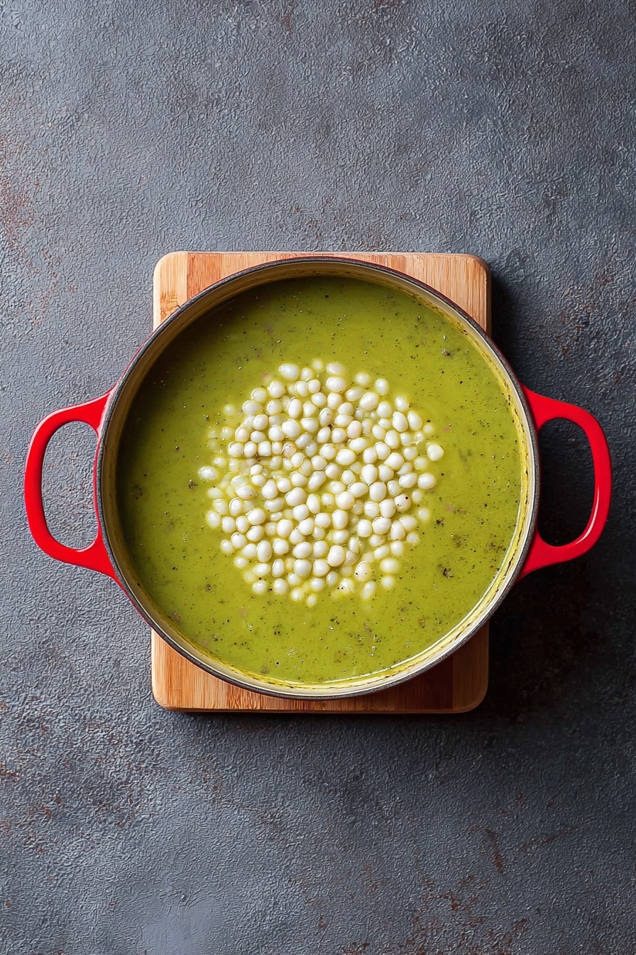 Chicken Pozole Verde Soup, Mexican green pozole, green pozole recipe, flavorful chicken soup, easy Mexican soup recipe - A round pot with shiny red handles holds a green soup that fills the pot almost to the top. On top of the soup, in the center, there is a layer of small, white, soft-looking balls. The pot is placed on a light wooden board, which sits on a dark gray textured surface. The image is taken from above showing the whole pot clearly photo taken with an iphone --ar 2:3 --v 7
