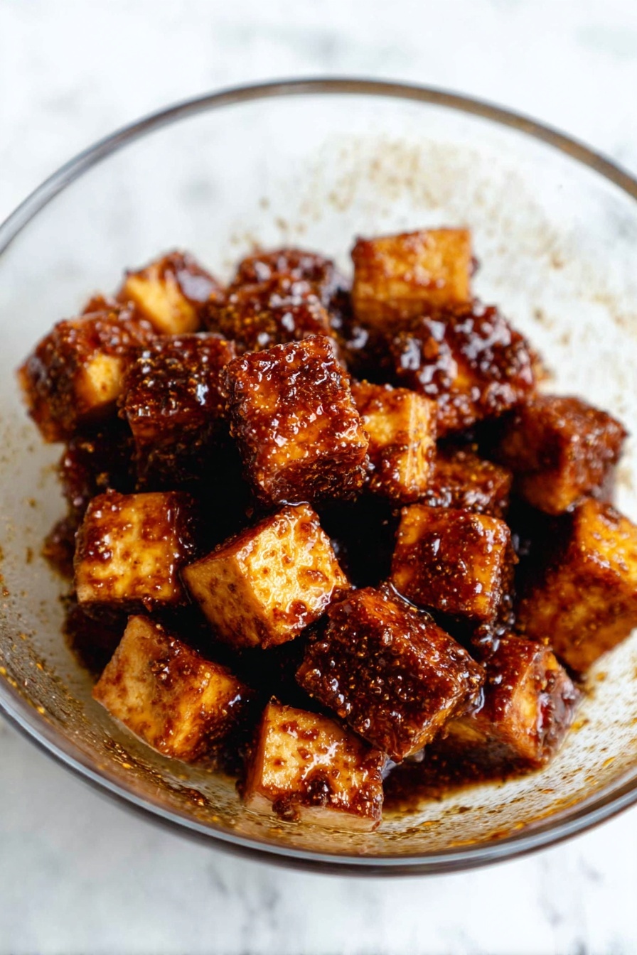 Crispy Gochujang Korean Tofu, Korean tofu recipe, spicy tofu stir-fry, vegan Korean dishes, crispy tofu ideas - The image shows a clear glass bowl filled with several small cubes of fried tofu. Each tofu piece is coated in a dark brown, shiny sauce with a textured surface that looks sticky and flavorful. The tofu pieces are piled together in the bowl, some slightly stacked on top of others. The smooth surface of the glass bowl lets you see the sauce clinging to the sides. The bowl is placed on a white marbled surface. photo taken with an iphone --ar 2:3 --v 7