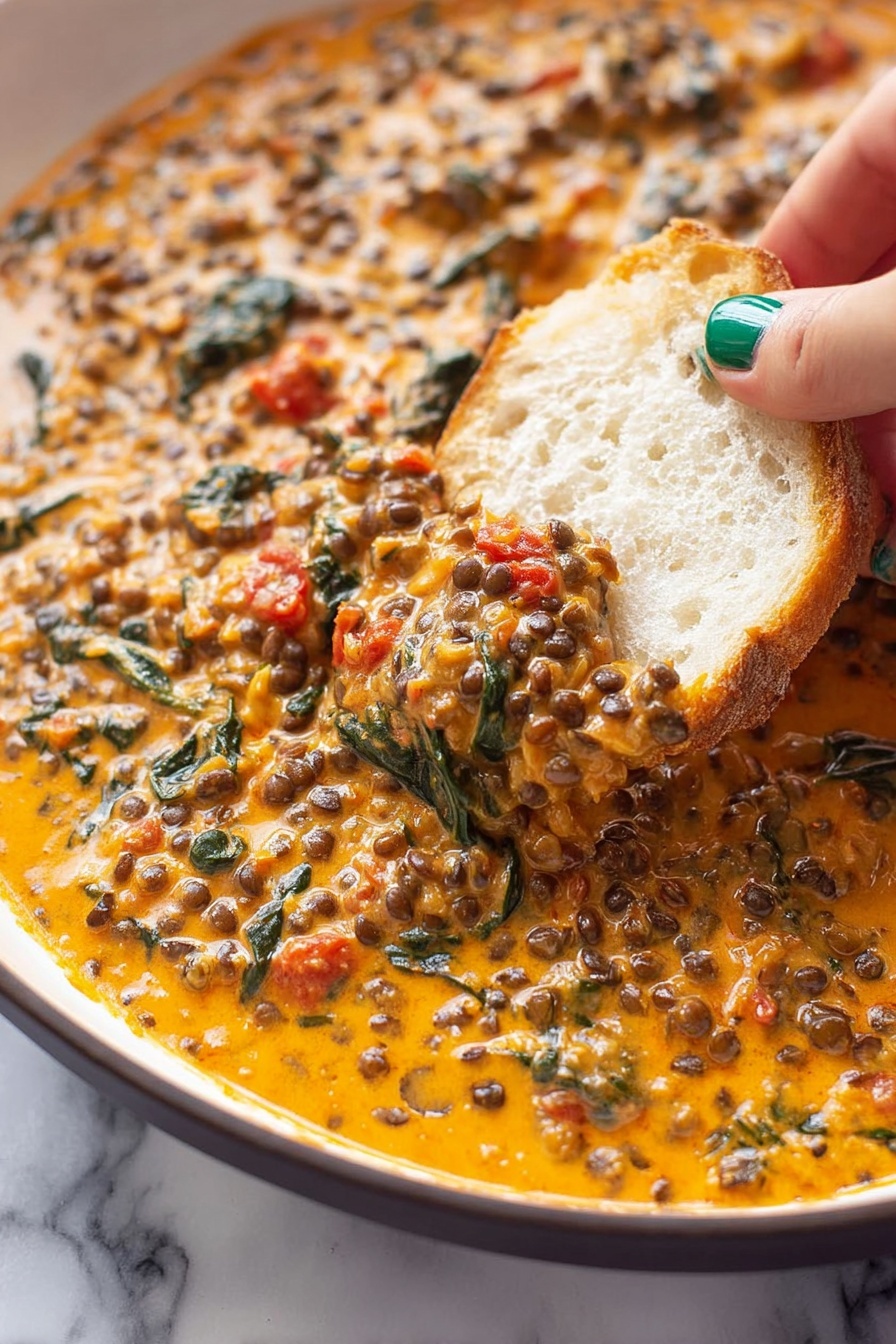 Creamy Lentil Pasta with Sun-Dried Tomatoes, Lentil Pasta Recipe, Vegan Pasta with Sun-Dried Tomatoes, Vegetarian Lentil Pasta, Easy Creamy Pasta - A close-up of a creamy orange lentil dish mixed with dark green spinach and small bits of red tomato, all in one thick layer. The lentils are dark and round, creating a bumpy texture throughout the orange sauce. A woman's hand with green nail polish is dipping a light slice of bread into the creamy lentil mixture, lifting some of it. The dish is served in a white bowl with a dark rim, sitting on a white marbled surface. Photo taken with an iphone --ar 2:3 --v 7