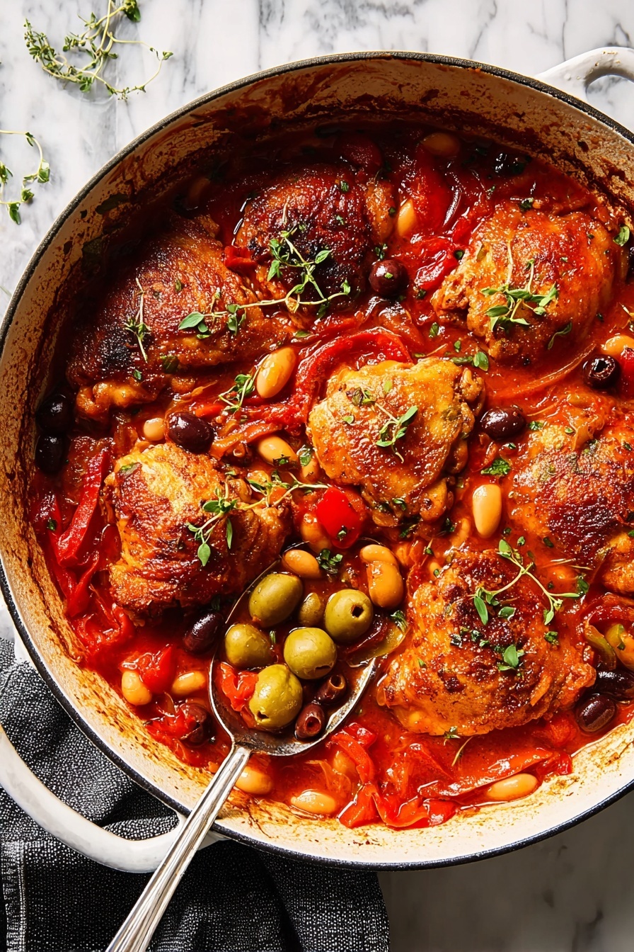 Spanish Chicken in Bravas Sauce, Spanish chicken recipe, chicken in spicy tomato sauce, Mediterranean chicken dinner, easy Spanish chicken dish - The image shows a white pot filled with five browned chicken thighs on top of a thick, red tomato sauce. The sauce contains white beans, whole green and black olives, and slices of red pepper, all mixed evenly around the chicken. The chicken skin is golden and crispy with some sprinkled green herbs on top. One silver spoon scoops up some sauce with beans and olives, resting near the bottom left of the pot. The pot's edge is slightly stained with sauce, and the background has a white marbled texture. photo taken with an iphone --ar 2:3 --v 7