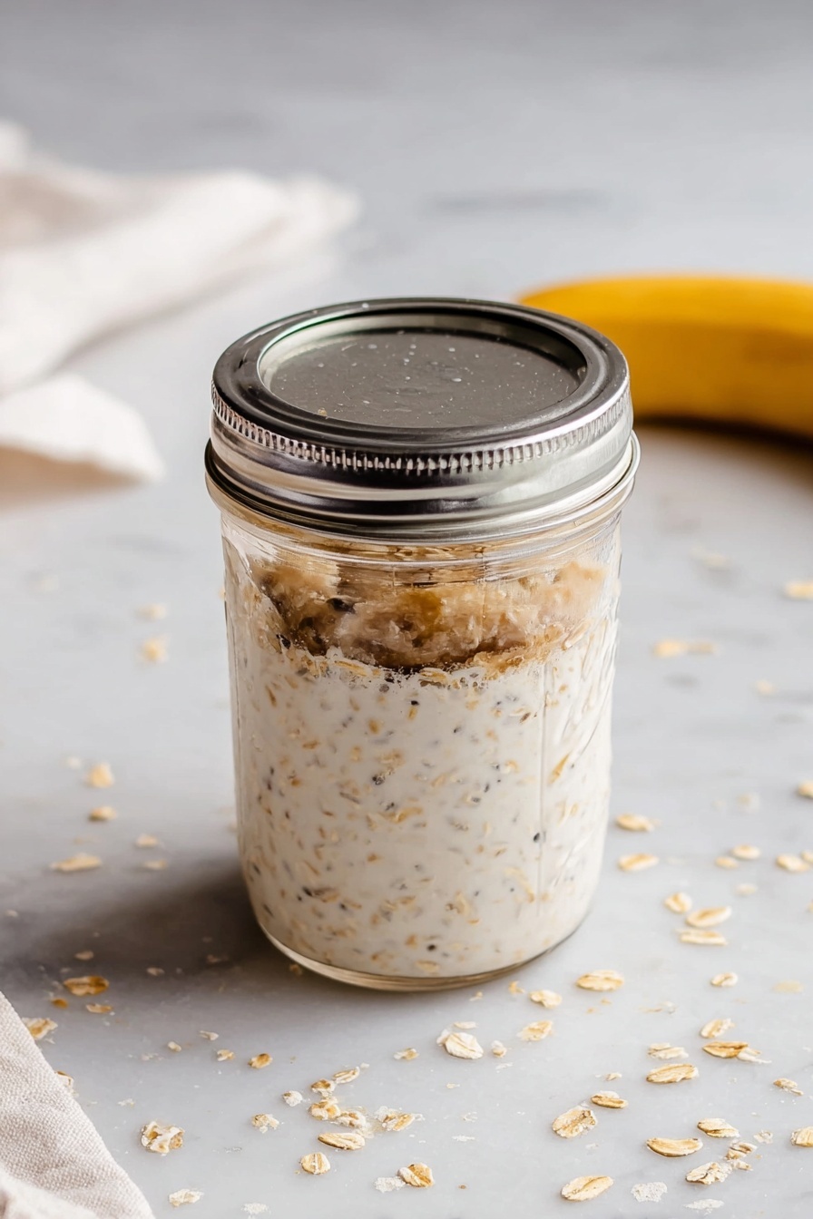 Peanut Butter Banana Overnight Oats, healthy overnight oats, easy breakfast ideas, make-ahead breakfast recipes, nutritious breakfast oats - The image shows a glass jar filled with a light brown mixture of overnight oats that have a creamy, slightly chunky texture. At the top of the jar, there are five yellowish banana slices arranged closely, sprinkled with small brown specks of cinnamon. The jar is placed on a dark wooden board, with some oats and a wooden spoon with oats blurred in the background. A silver spoon lies to the right of the jar on a white marbled surface. photo taken with an iphone --ar 2:3 --v 7