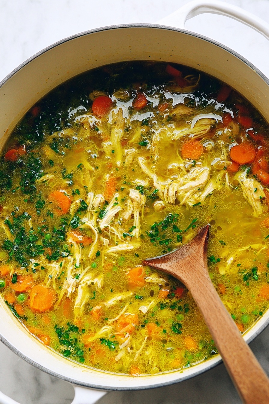 Turmeric Chicken Soup, healthy turmeric soup, nourishing chicken soup, golden turmeric chicken bowl, easy turmeric soup recipe - A close-up image of a white pot filled with a golden-yellow soup containing shredded chicken pieces, orange carrot slices, green peas, and bits of finely chopped green herbs floating on top; the soup has a slightly oily surface with a wooden spoon stirring it on the right side. The pot is placed on a white marbled surface. photo taken with an iphone --ar 2:3 --v 7