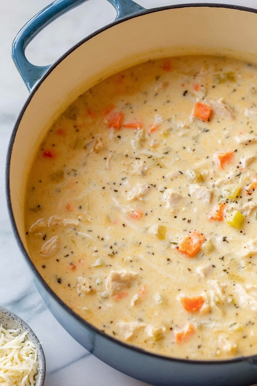 Creamy Chicken and Rice Soup, hearty chicken and rice soup, easy chicken and rice soup, comforting soup recipes, one-pot chicken soup - A close-up view of a thick, creamy soup cooked in a white inside, blue outside large pot with two handles, showing a smooth, light yellow base with visible small chunks of orange carrots, pale green celery, and light beige chicken pieces scattered throughout. The soup has specks of black pepper and herbs evenly mixed in, giving it texture and depth. The pot is placed on a white marbled surface, with a small dish of grated cheese blurred in the background. photo taken with an iphone --ar 2:3 --v 7