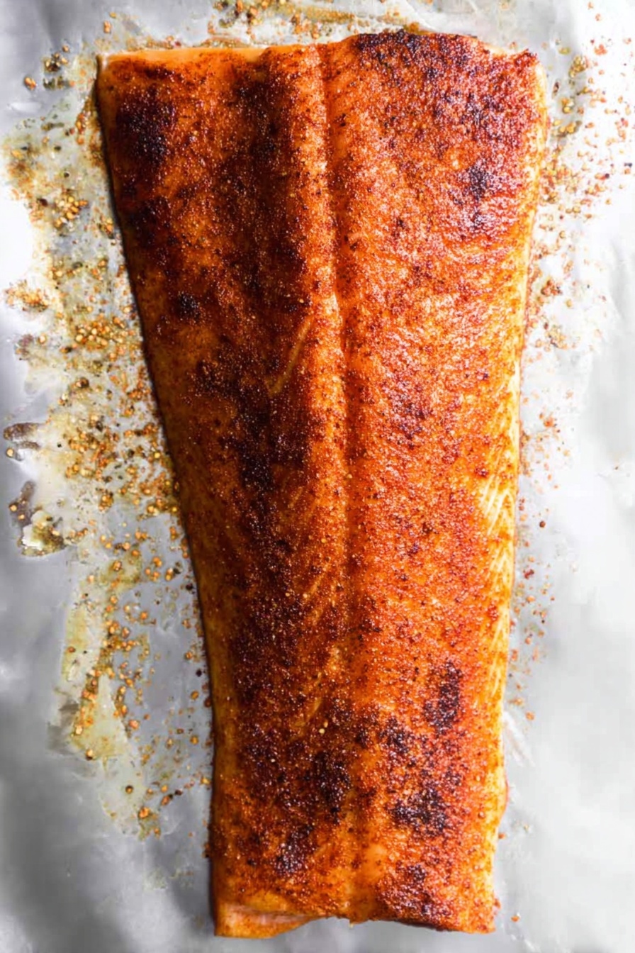 Spice Rubbed Salmon with Avocado Salsa, spicy salmon recipe, healthy salmon dinner, quick salmon recipe, flavorful fish dishes - A large, flat piece of cooked fish with a reddish-brown seasoning crust covers the entire top surface, showing a single long vertical line in the center. The fish is lying on a white marbled surface with some seasoning scattered around it on the left side. The edges around the fish are slightly darker, giving a roasted look. photo taken with an iphone --ar 2:3 --v 7