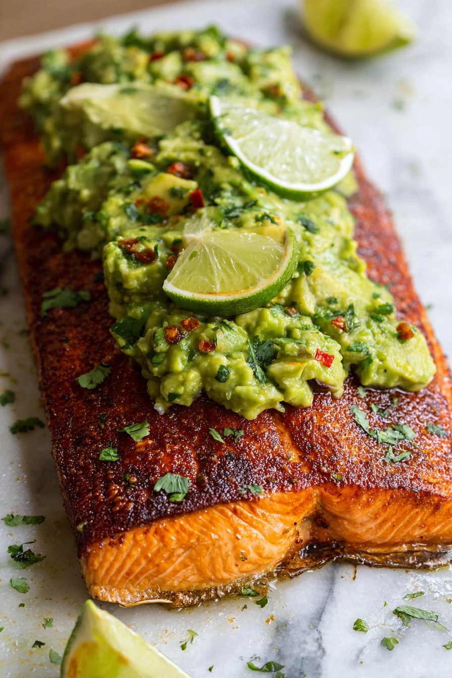 Spice Rubbed Salmon with Avocado Salsa, spicy salmon recipe, healthy salmon dinner, quick salmon recipe, flavorful fish dishes - A large, rectangular piece of cooked salmon with a crispy, deep orange-brown skin on the bottom layer sits on a white marbled surface. On top of the salmon is a thick layer of chunky, bright green avocado salsa mixed with finely chopped herbs and small bits of red pepper flakes. Thin slices of lime rest on the avocado salsa, adding a pop of light green color. The overall look is fresh and vibrant, with natural textures visible in the salmon’s flaky interior and the creamy avocado topping. Photo taken with an iphone --ar 2:3 --v 7