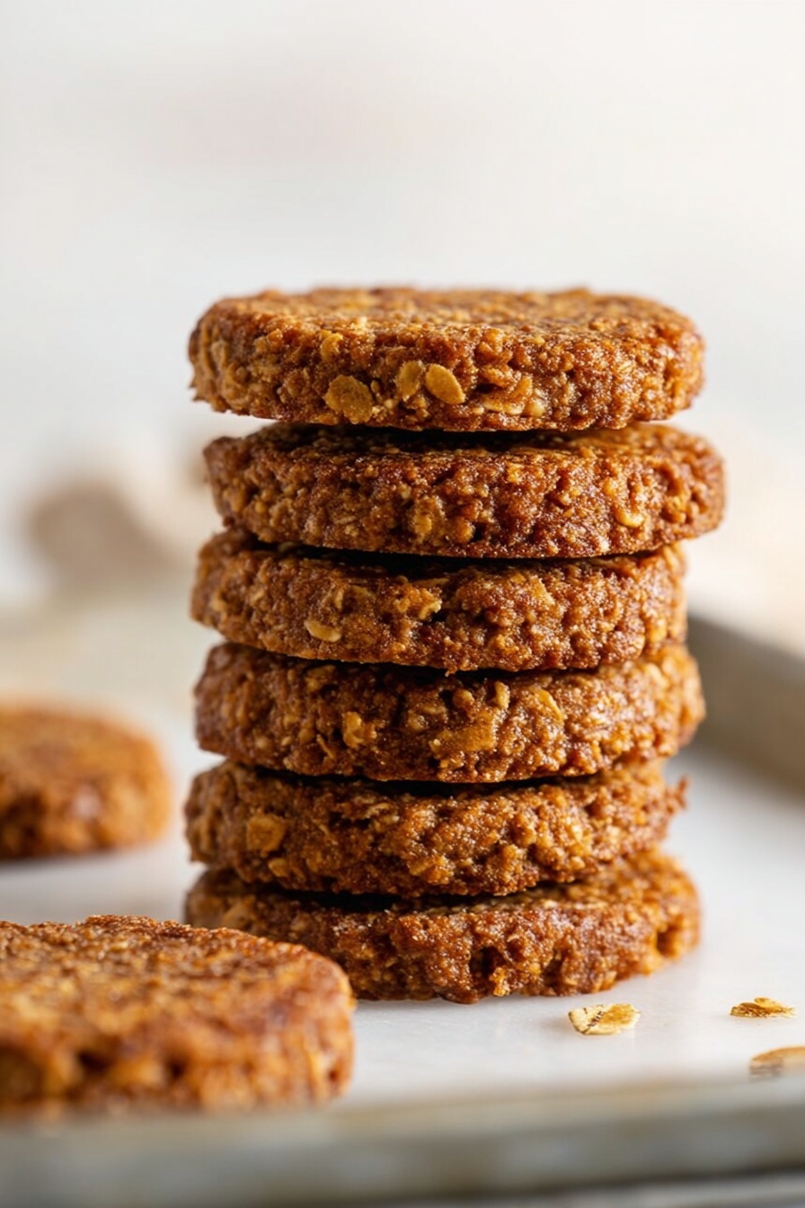 Healthy Gingerbread Oatmeal Cookies, gingerbread oatmeal cookies, nutritious holiday cookies, low-sugar gingerbread treats, wholesome breakfast cookies - A stack of five textured brown oat cookies with visible oats throughout, placed in the center of a silver baking tray on a white marbled surface, with one more cookie lying flat to the left in the background and soft natural light casting gentle shadows that highlight the cookies' rough surface and thickness photo taken with an iphone --ar 2:3 --v 7