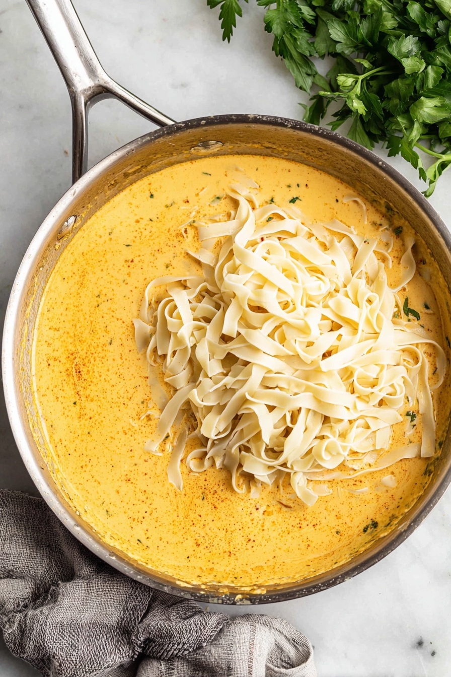 Cajun Alfredo Sauce, Cajun Alfredo, spicy Alfredo pasta, homemade Cajun sauce, creamy Cajun Alfredo - In a large silver pan, there is a creamy, orange-yellow sauce covering the bottom and sides, with visible small specks of seasoning throughout. On top of the sauce, fresh, pale cream-colored flat pasta noodles are layered loosely, mostly piled on one side of the pan, showing their soft, slightly curled texture. The pan sits on a white marbled surface with a gray and white cloth partially visible beneath the handle on the bottom left. Fresh green parsley leaves are placed on the top right of the image, adding a pop of color. Photo taken with an iphone --ar 2:3 --v 7