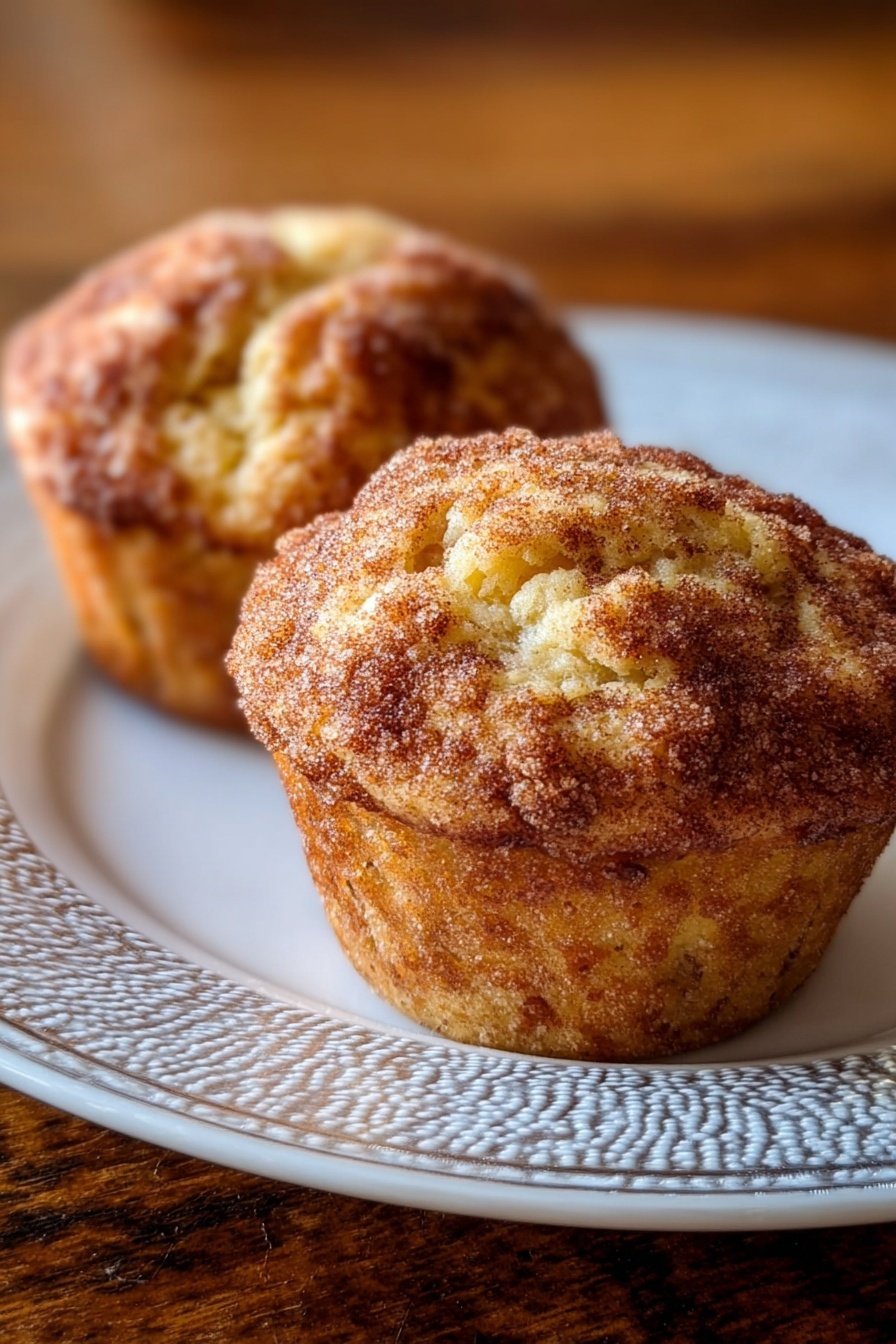 Healthy Apple Cinnamon Greek Yogurt Muffins, nutritious apple cinnamon muffins, easy healthy breakfast muffins, moist Greek yogurt muffins, quick apple cinnamon bakery treats - Two muffins sit on a white plate with a shiny silver textured rim. The muffins have a golden brown top sprinkled with cinnamon sugar that gives a slightly rough and crumbly texture. The muffins are thick and rounded with light spots showing the soft inside. The background shows a blurry wooden surface, but the main view is focused on the muffins and the plate. photo taken with an iphone --ar 2:3 --v 7