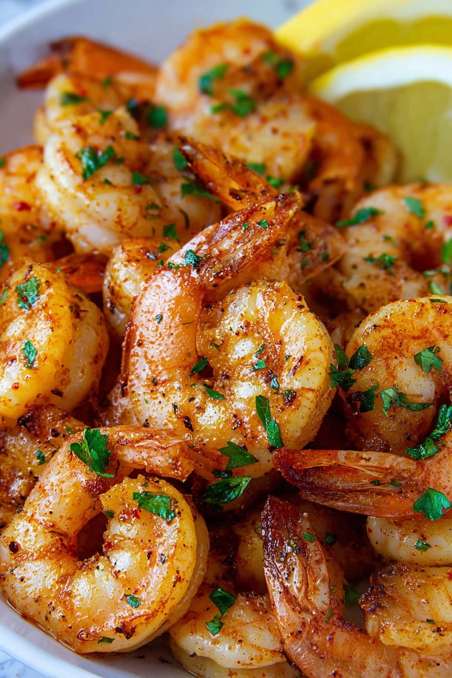 Air Fryer Old Bay Shrimp, crispy seasoned shrimp, quick seafood recipes, easy seafood dinner, healthy shrimp dishes - This close-up image shows a pile of cooked shrimp with a light orange-pink color and slightly charred edges, sprinkled with small bright green parsley pieces. The shrimp have a glossy texture, showing they are juicy and well-seasoned with small flakes of spices. In the top right corner, a yellow lemon wedge with a juicy inside is partly visible. The dish is on a white surface with a white marbled texture visible in the background. photo taken with an iphone --ar 2:3 --v 7