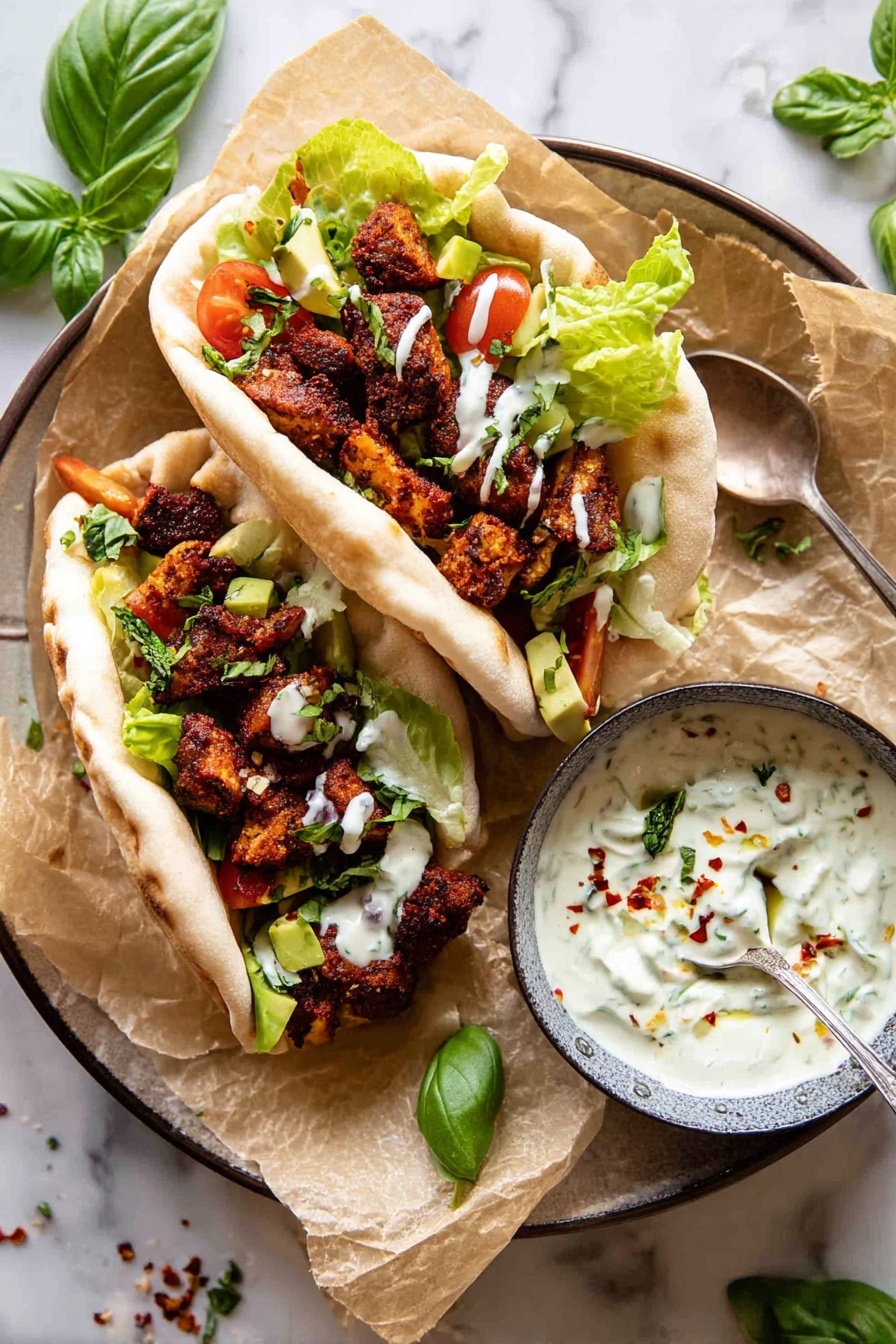 Rosemary Chicken and Avocado Bacon Pitas, flavorful chicken pita sandwiches, easy weeknight dinner ideas, healthy lunch recipes, bacon avocado pita wraps - Two pita pockets filled with three main visible layers: a bottom layer of soft, light beige pita bread in an open position, a middle layer of leafy green lettuce and diced bright red tomatoes and avocado, and a top layer of dark brown, well-cooked spiced pieces with a drizzle of white sauce. The pitas rest on a wrinkled sheet of light brown parchment paper placed on a round white plate. Next to the pitas, there is a small white bowl filled with creamy white sauce, garnished with green herbs and red chili flakes, with a silver spoon resting beside it. The whole setup is arranged on a white marbled surface with a few scattered fresh basil leaves and herbs around. Photo taken with an iphone --ar 2:3 --v 7