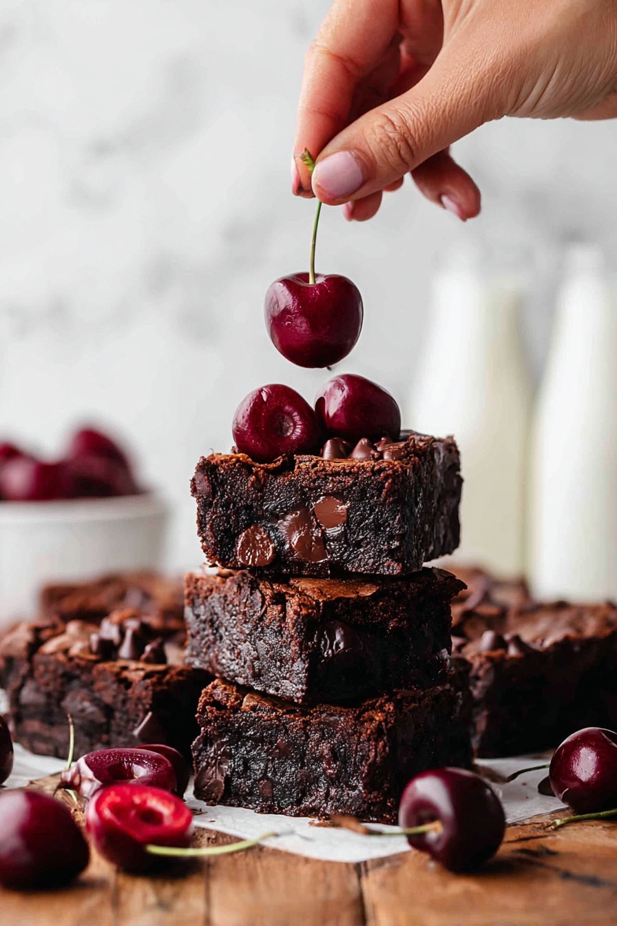 Chocolate Cherry Brownies, cherry brownies with chocolate, fudgy cherry chocolate dessert, homemade chocolate cherry brownies, easy cherry brownie recipe - The image shows a stack of three square chocolate brownies with a rich, dark brown color and a moist, dense texture. The top brownie has shiny chocolate chips embedded inside and is decorated with glossy, deep red cherries, some halved to show their juicy inside. A woman's hand holds a whole cherry by its long stem above the stack. Around the stack, there are more brownies and cherries scattered on a wooden surface, all set against a white marbled background with two blurred bottles of milk in the distance. photo taken with an iphone --ar 2:3 --v 7