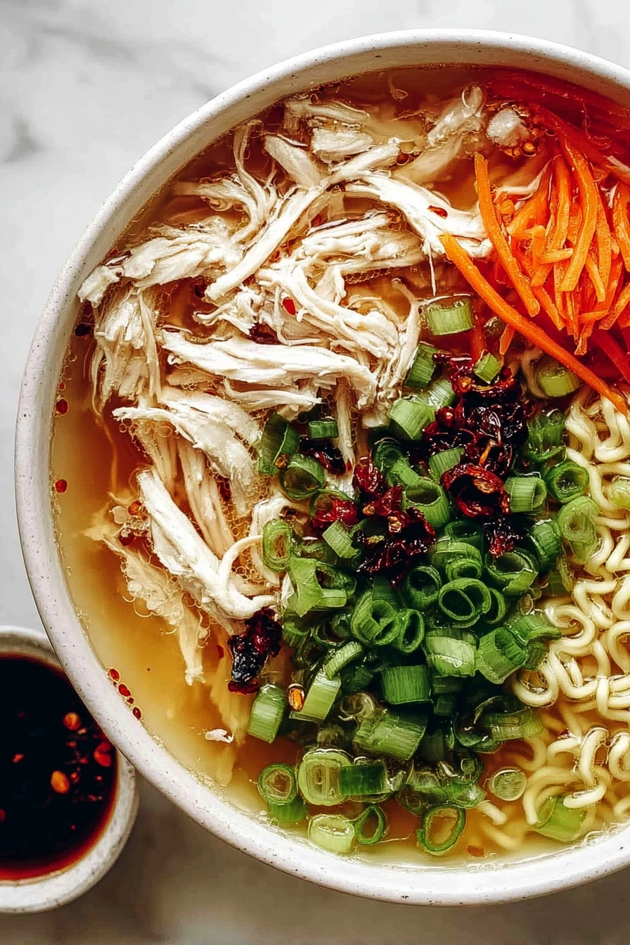 Ginger Scallion Chicken Noodle Soup, chicken noodle soup recipe, easy Asian-inspired soup, quick healthy chicken soup, flavorful comfort food - A white bowl filled with a clear broth base, topped with several layers including shredded white chicken pieces on one side, thin orange carrot sticks beside the chicken, cooked curly light beige noodles near the center, and a large heap of finely sliced green onions covering a section of the bowl. There are also dark red chili oil spots scattered around the surface. A small white cup with dark chili oil is placed beside the bowl on a white marbled background. Photo taken with an iphone --ar 2:3 --v 7