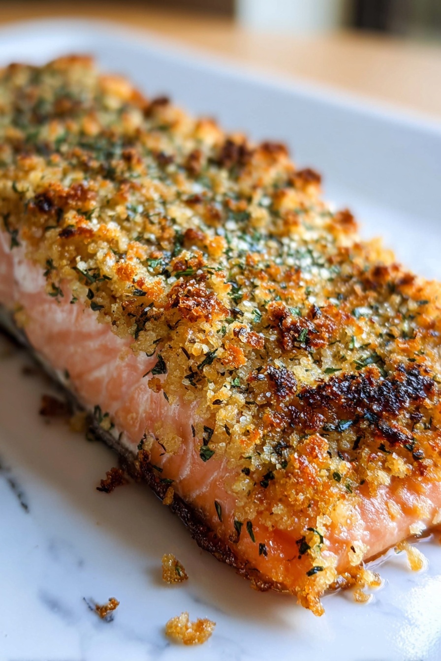 Crispy Parmesan Baked Salmon, Baked Salmon with Parmesan Crust, Easy Salmon Dinner, Healthy Seafood Recipes, Quick Fish Recipes - A close-up of one piece of salmon with a thick crunchy topping that is golden brown and slightly burnt on the edges, with visible dried green herbs sprinkled all over. The salmon underneath is light pink with a smooth texture. The salmon is placed on a white plate with a white marbled surface visible in the background. The photo is taken in natural light showing clear and sharp details. photo taken with an iphone --ar 2:3 --v 7