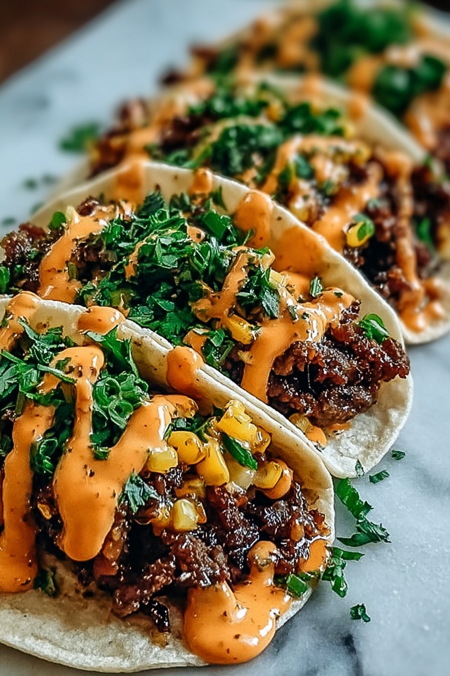 Garlic Honey BBQ Tacos, BBQ tacos recipe, sweet and smoky tacos, easy taco dinner, flavorful ground beef tacos - A close-up of soft white tortillas each topped with a layer of dark brown cooked meat mixed with small yellow pieces, drizzled generously with an orange creamy sauce, and sprinkled with fresh green chopped herbs, all arranged in a row on a white marbled surface. photo taken with an iphone --ar 2:3 --v 7