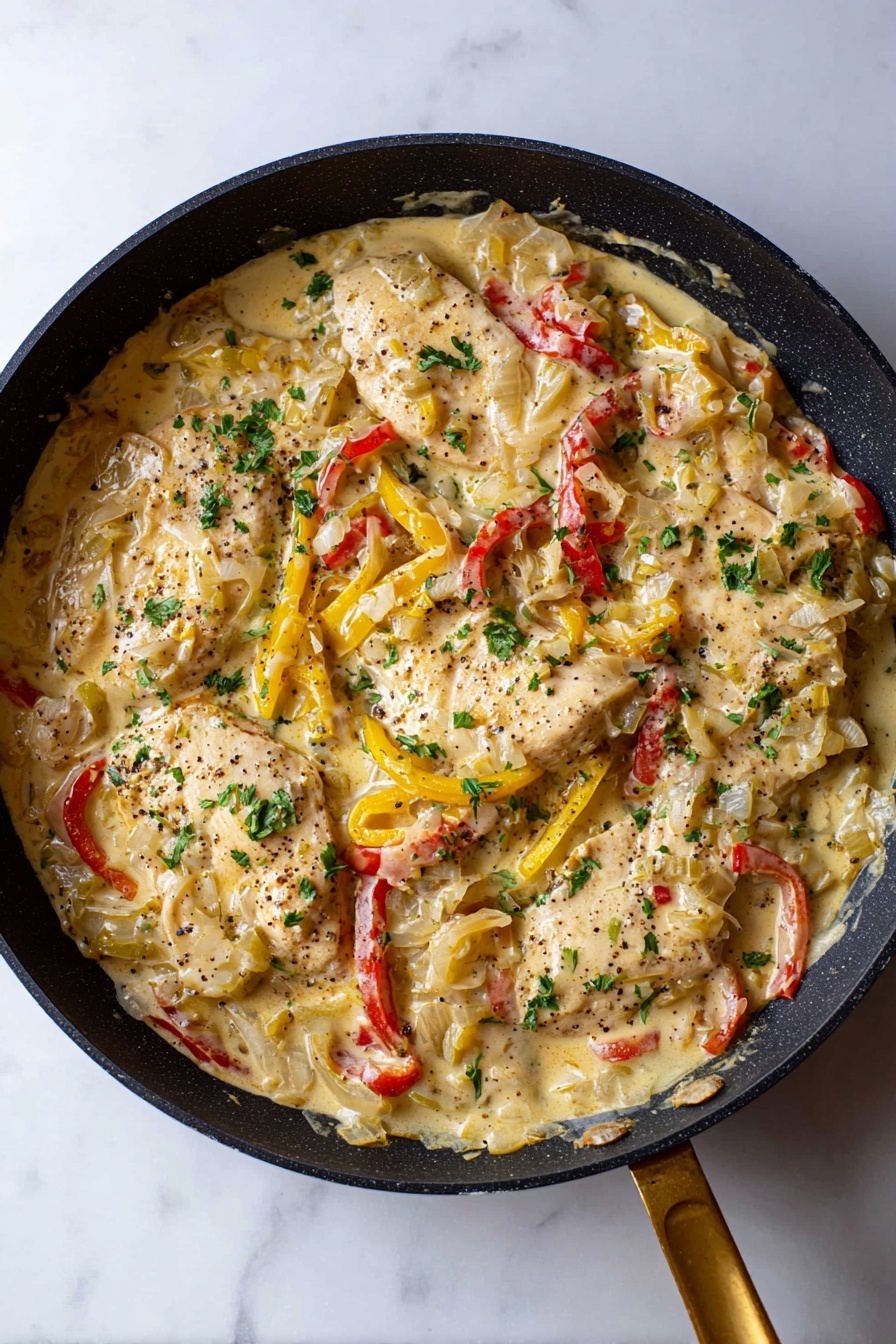 Creamy Pepperoncini Chicken Skillet, pepperoncini chicken, easy weeknight chicken recipe, one-pan chicken dinner, flavorful chicken skillet - The image shows a black frying pan on a white marbled surface filled with a creamy dish containing several light beige chicken pieces layered beneath a sauce. The sauce is thick and pale yellow, mixed with diced translucent onions and slices of red and yellow bell peppers scattered throughout. Green parsley pieces are sprinkled evenly on top, adding contrast. Black pepper dots are visible across the dish, giving texture and seasoning hints. The pan’s handle is gold-colored, with no other items in the background. Photo taken with an iphone --ar 2:3 --v 7